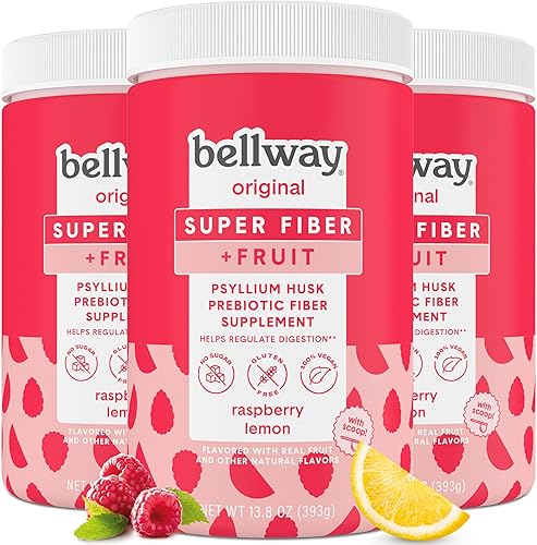 Bellway Polvo súper fibra + fruta (paquete de 3), suplemento de fibra en polvo de cáscara de psyllium orgánica sin azúcar para regularidad, alivio