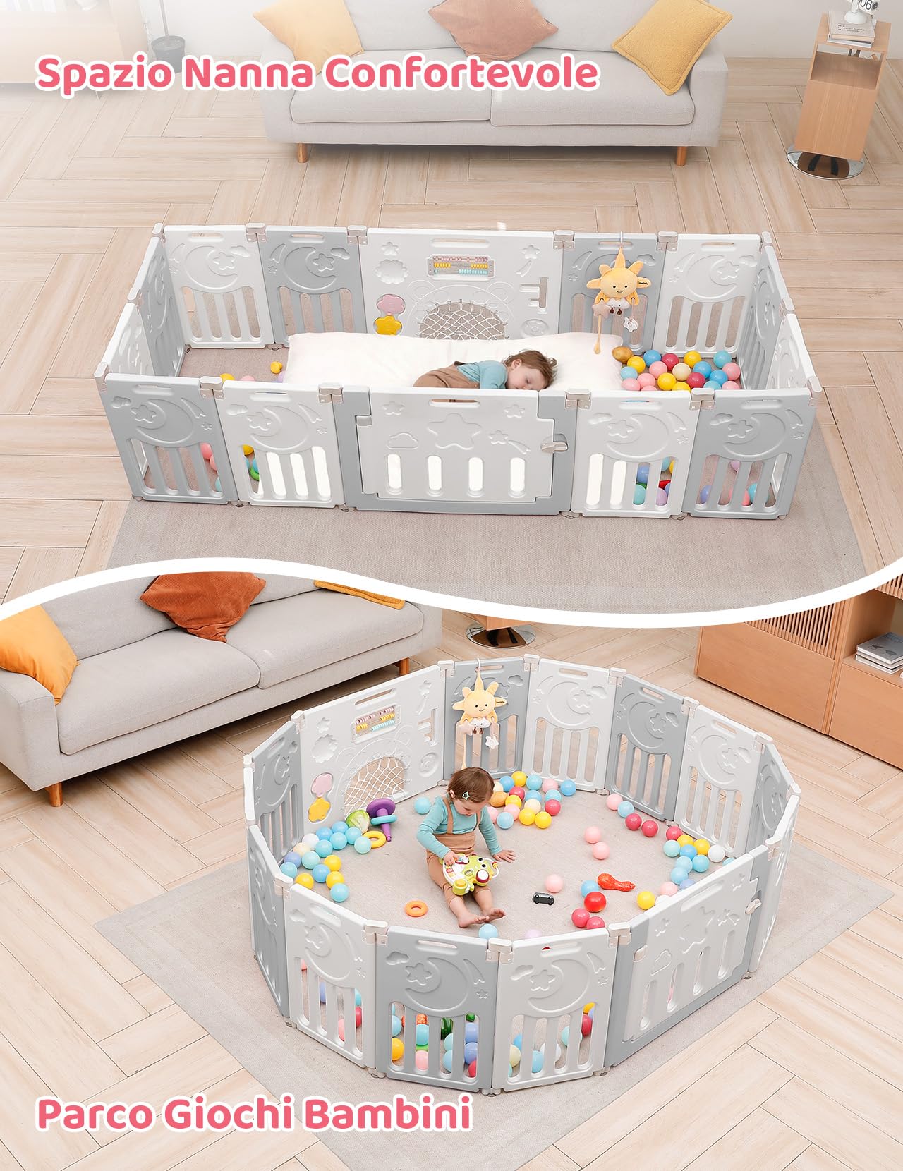 Dripex Box Bambini 150×150 cm, Recinto per Bambini Pieghevole, Box Neonato in Forma Adattabile, Recinto Neonato in Plastica, Grigio