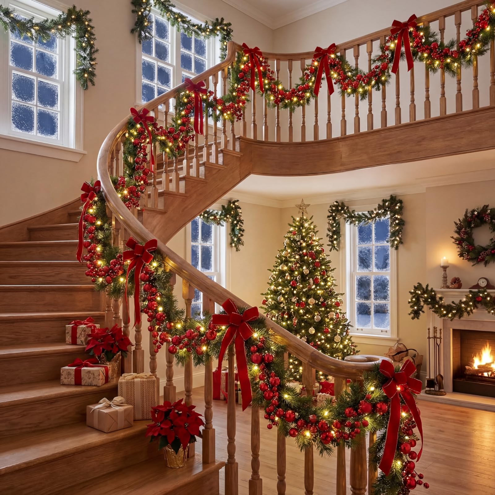 WILLBOND Guirnalda de bolas de Navidad rojas de 18 pies, adornos colgantes para árbol de Navidad, chimenea, corona, interior, exterior, hogar, oficina