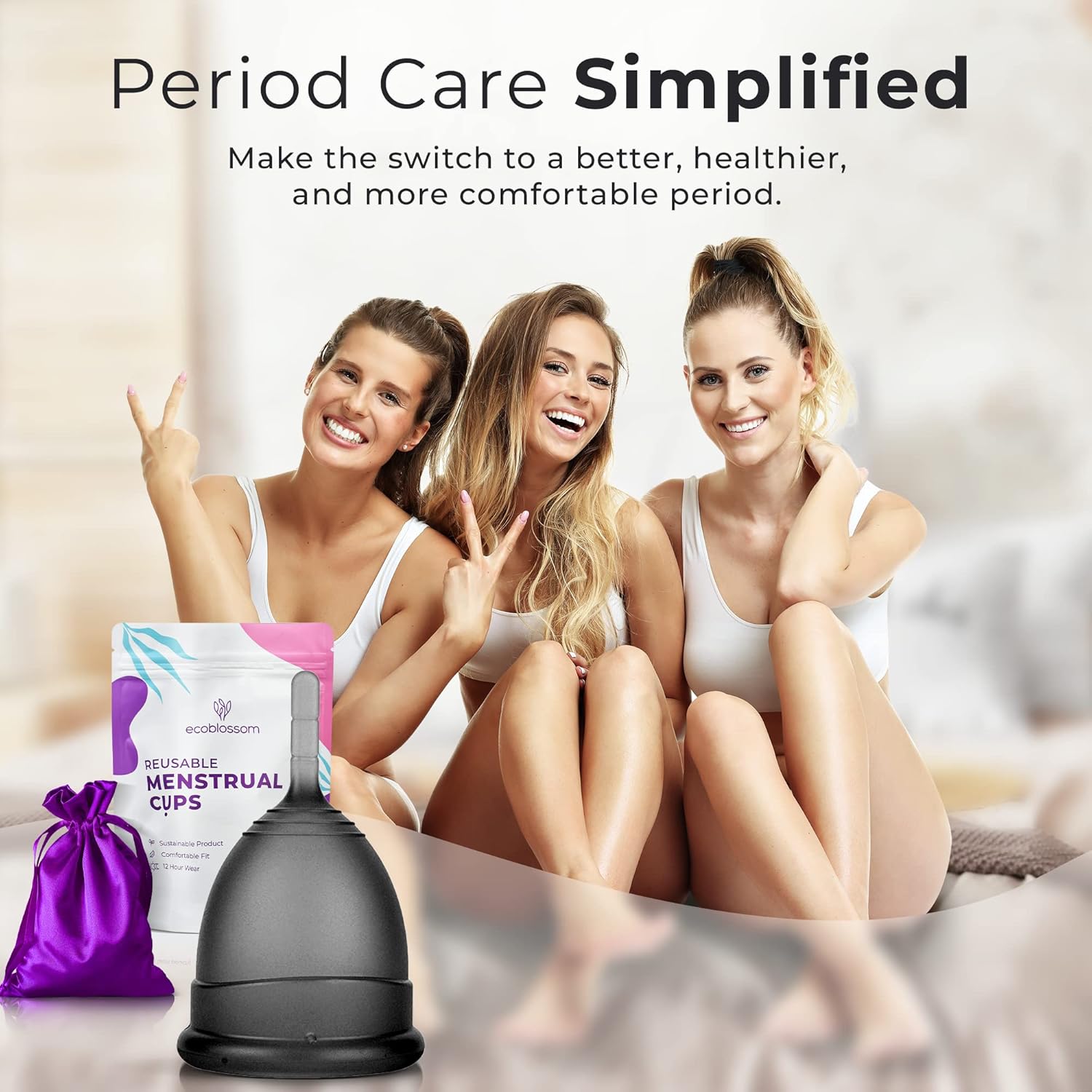 EcoBlossom Menstrual Cup Kit - Tampon, Pad, and Disc Alternative Product - Wear for 12 Hours - Reusable Period Cup/Copa Designed with Soft Flexible Medical-Grade Silicone (Regular Cup) : Health & Household