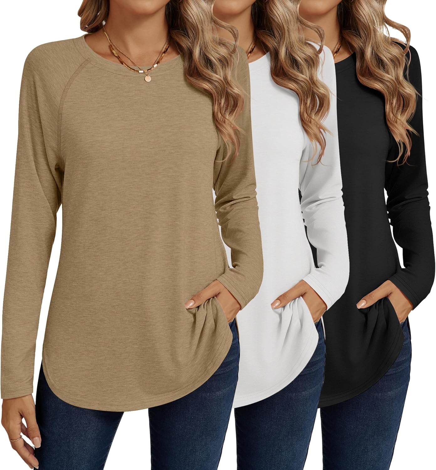 Ficerd 3 Pack Women's Long Sleeve T-Shirts Crew Neck Raglan Sleeve Casual Loose Fit Shirts Side Split Curved Hem Tunic Tops