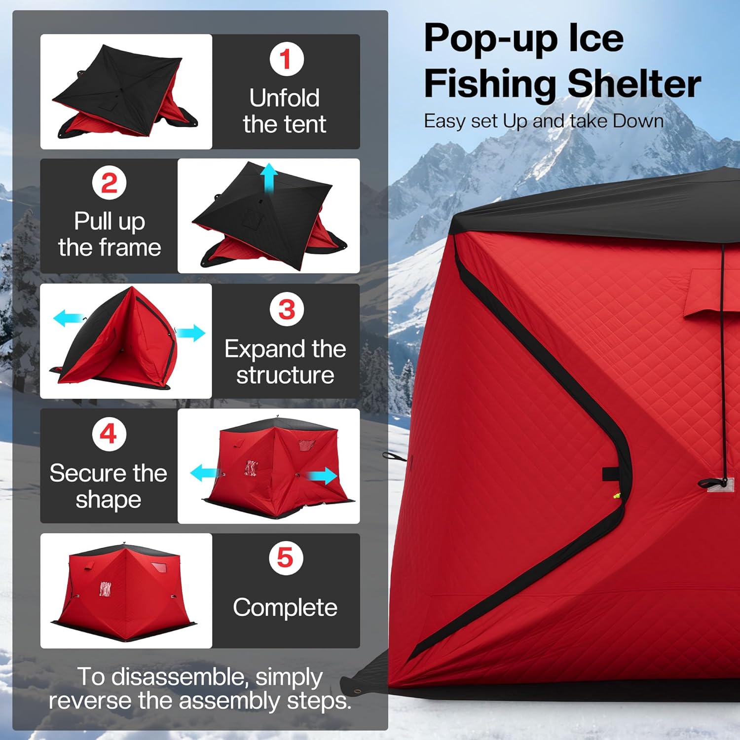 Albott Insulated Pop-Up Ice Fishing Tent, 4-5 Person Ice Shanty with 3-Layer Oxford Fabric, Waterproof Rain Cover, Chimney Vent, Anchors, Ropes, Carry Bag, Insulated and Warm Large Fishing Area