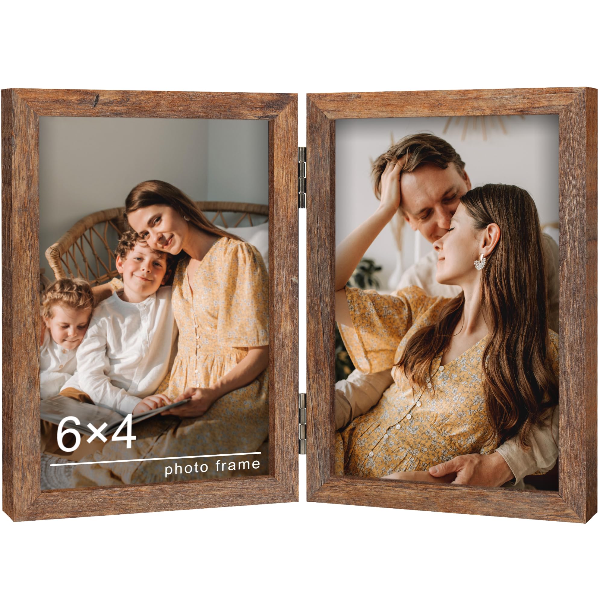 VSIONROCK Double Photo Frame 6x4 Hinged Picture Frame with Real Glass Brown