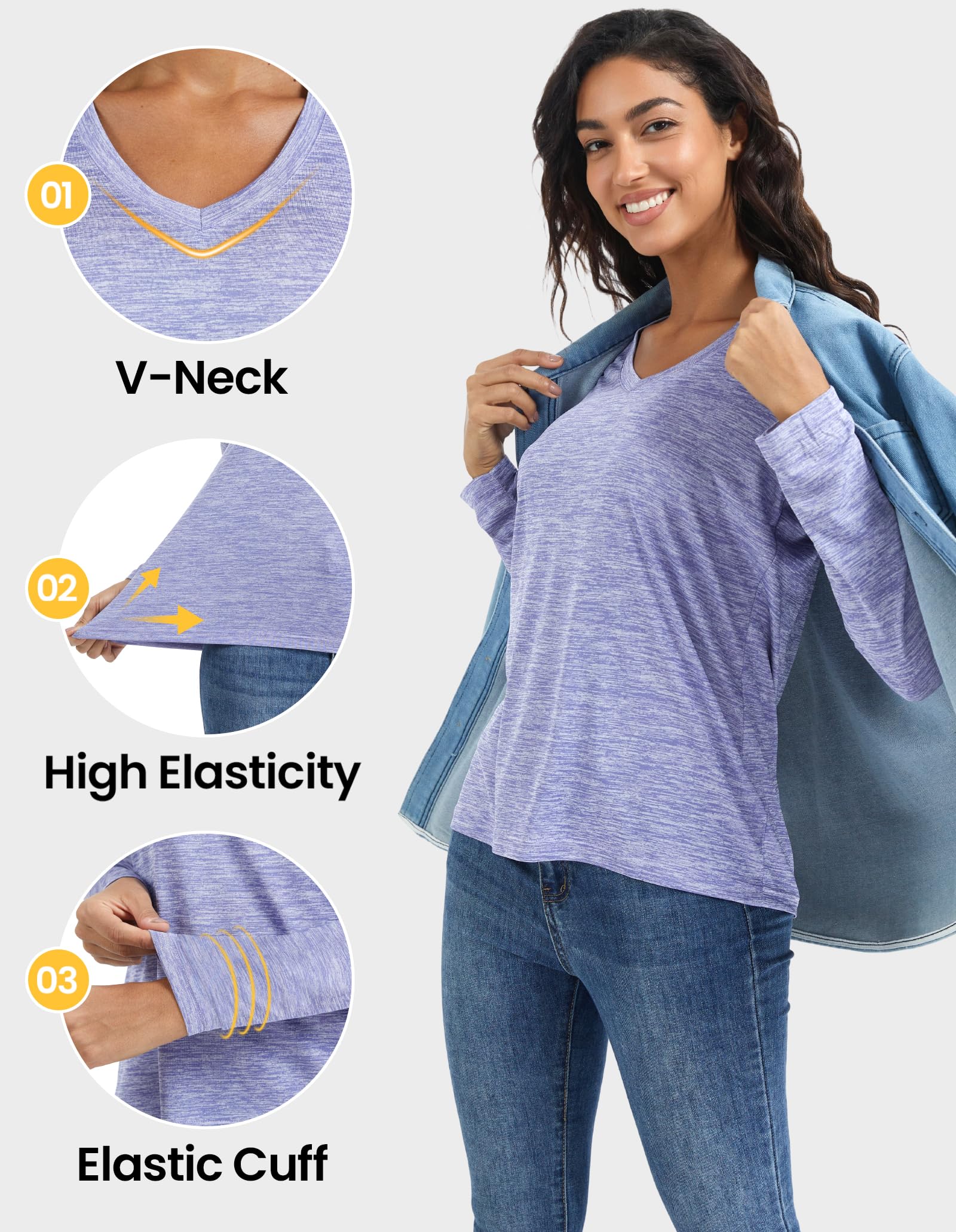 Camisetas de manga larga que absorben la humedad para mujer, de secado rápido, atléticas, para correr, camisetas de entrenamiento con cuello en V, Paquete de 6 negro, gris, sandía, morado, verde,