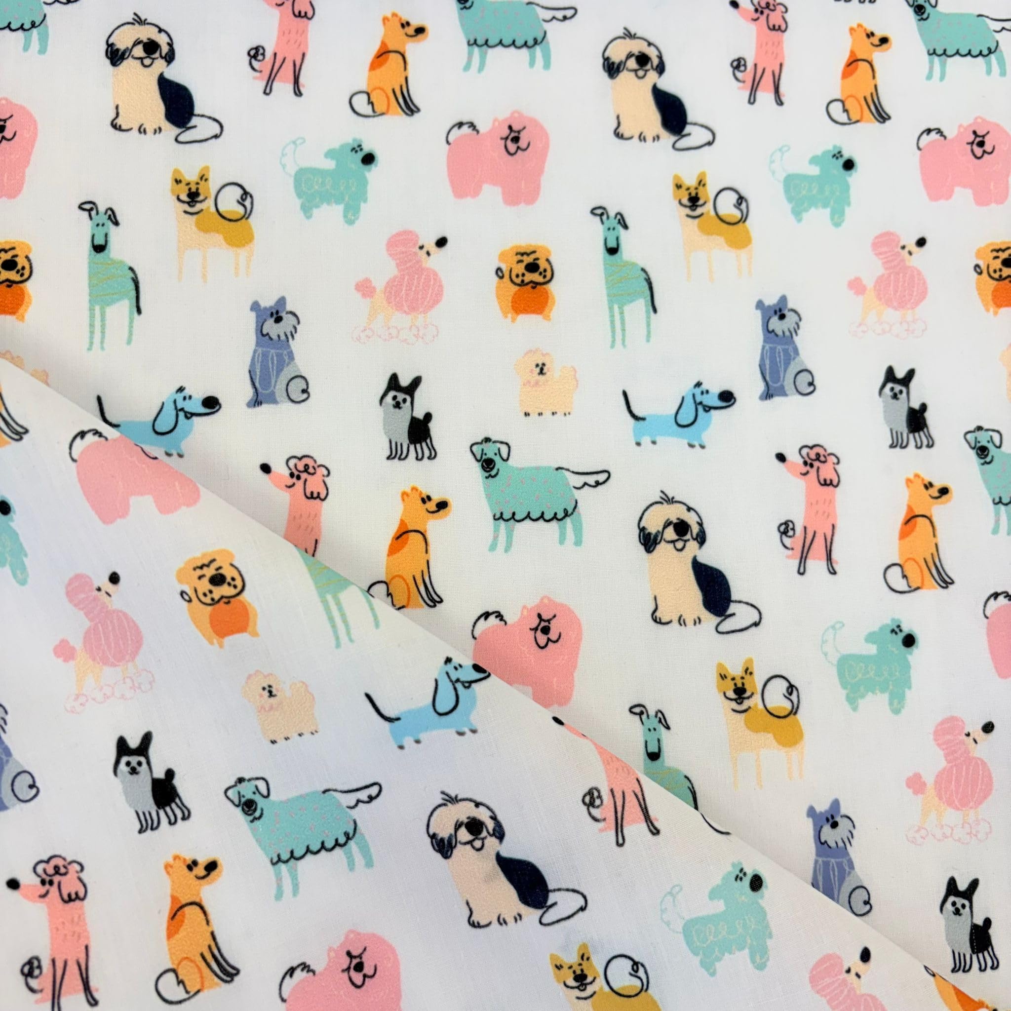 Polycotton Print Fabric, Cute Pastel Dogs, Poodles, Sausage Dogs, Sheepdogs, Chihuahua, 112cm Wide, Sold by the Metre