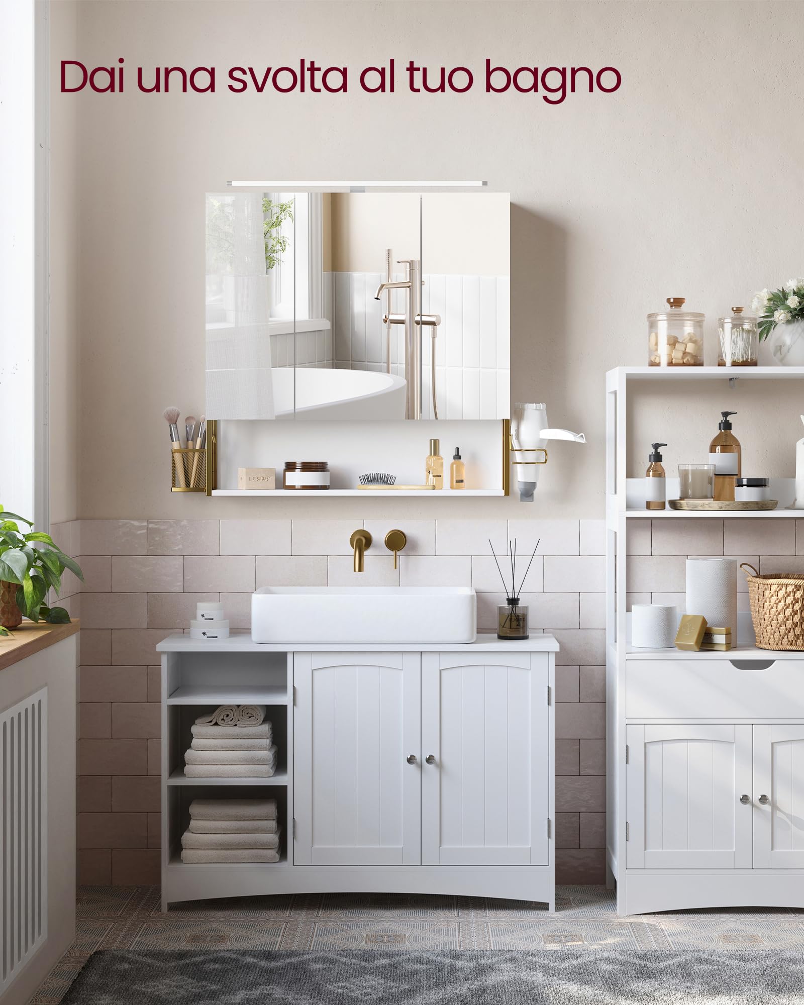VASAGLE Armadietto da Bagno con Specchio e 3 Ante, Mobile a Parete, Cestino, Porta Asciugacapelli, Capiente, Mobiletto Bagno da Muro, Bianco Nuvola e Oro Verde Chiaro BBK124A10