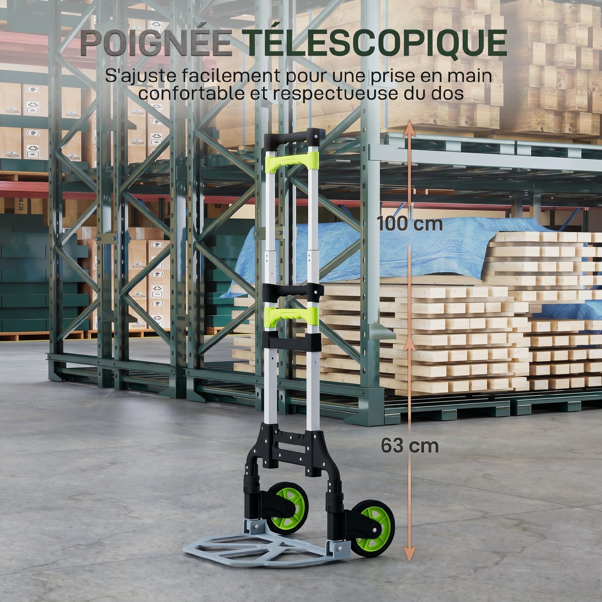HOMCOM Diable Pliable Diable Pliant Poignée Télescopique 100 cm Vert | Charge 70kg, Chariot de Transport pour Objets Lourds & Volumineux, Aluminium, Entrepôt, Aéroport