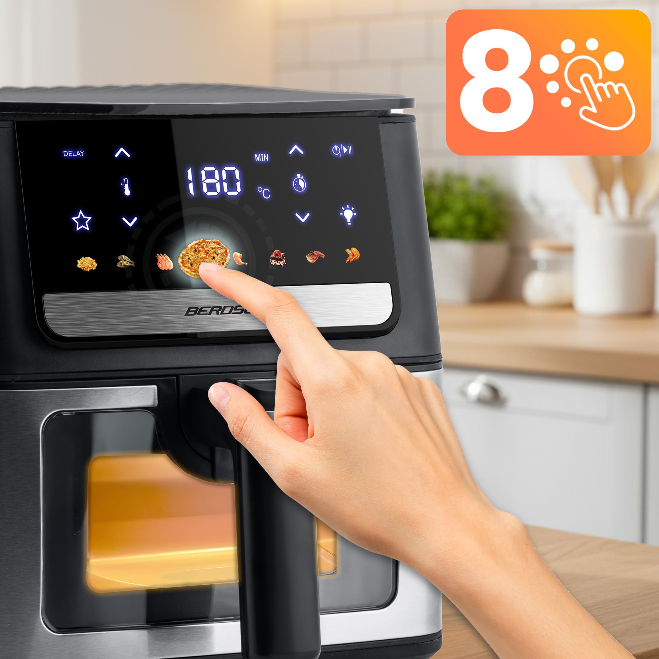 Berdsen Friggitrice ad aria calda XL, 6,5 l, con finestra e touchscreen, 1700 W, 8 programmi, lavabile in lavastoviglie