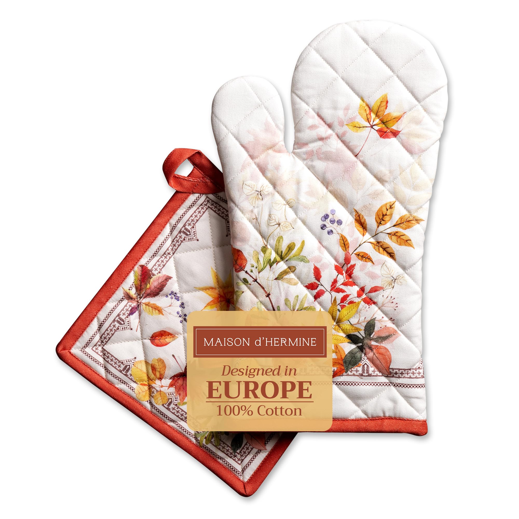 Maison d' Hermine Amarante 100% Cotton Set of Oven Mitt (19cm x 33cm) and Pot Holder (20cm x 20cm) for BBQ | Cooking | Baking | Grilling | Microwave | Barbecue | Thanksgiving/Christmas