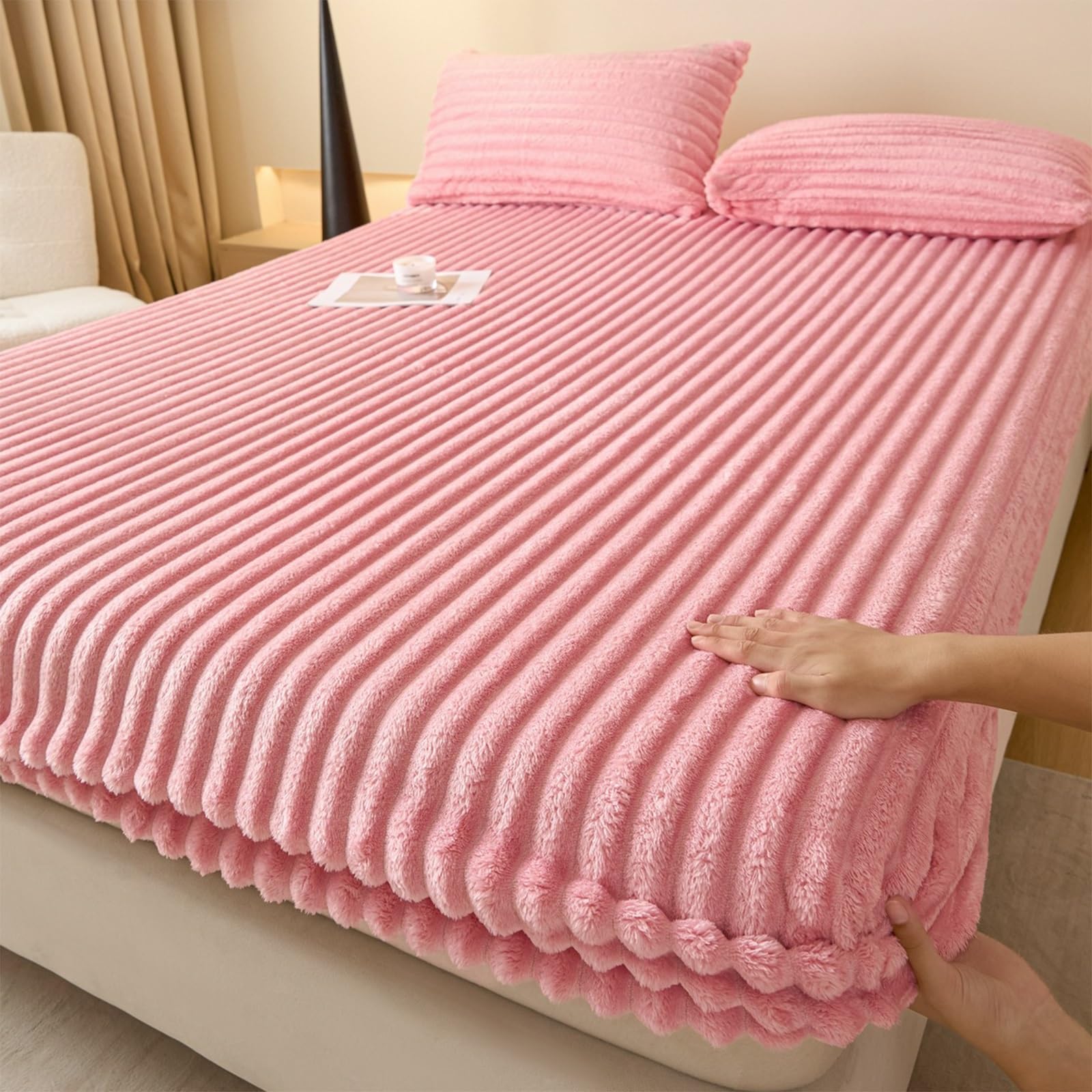 Plüsch Spannbettlaken Cord Bettlaken Winter Leintuch Flauschig Bettbezug Warm Spannbetttücher Spannleintuch Spannbetttuch(Light pink,180x200cm)