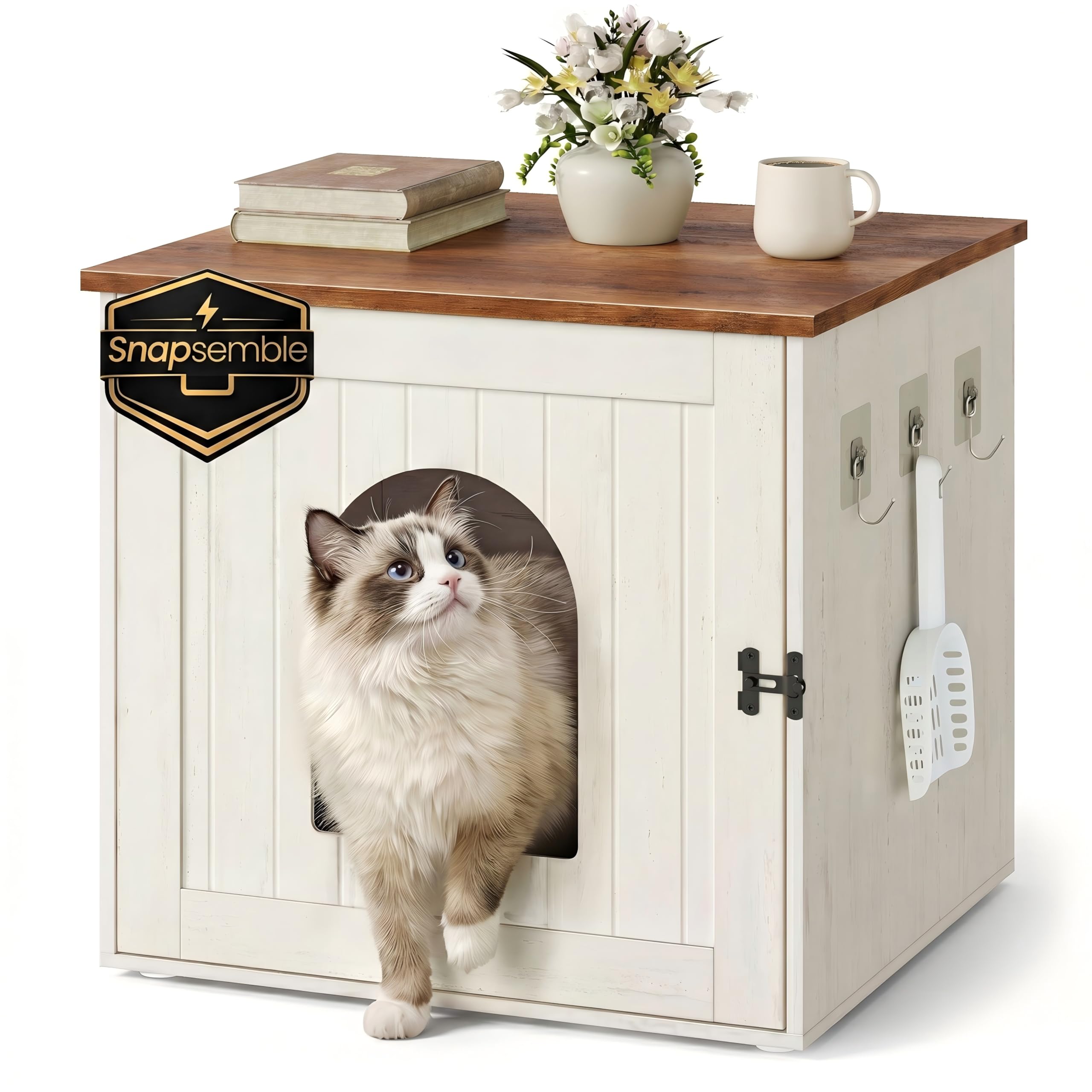 SONGMICS HOME Litter Box Enclosure, Snapsemble Superfast Assembly, Cat Litter Box Cabinet, Cat Washroom with Hooks, 55 x 50 x 50 cm, Rustic White and Honey Brown PCL234WJ02
