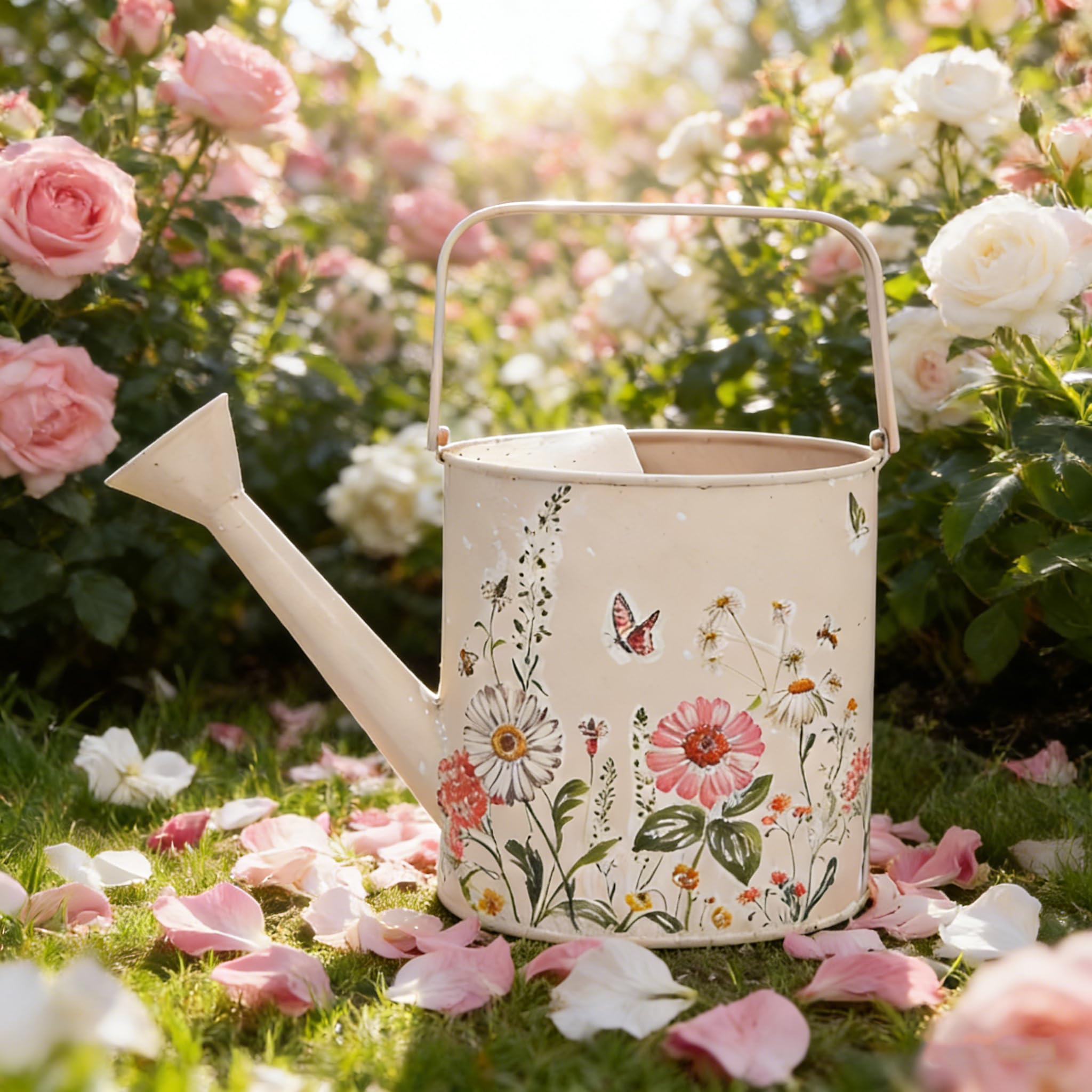 Metal Watering Can Flower Pot with Handle Rustic Farmhouse Water Can for Indoor Outdoor Garden Plants Watering (Pink)