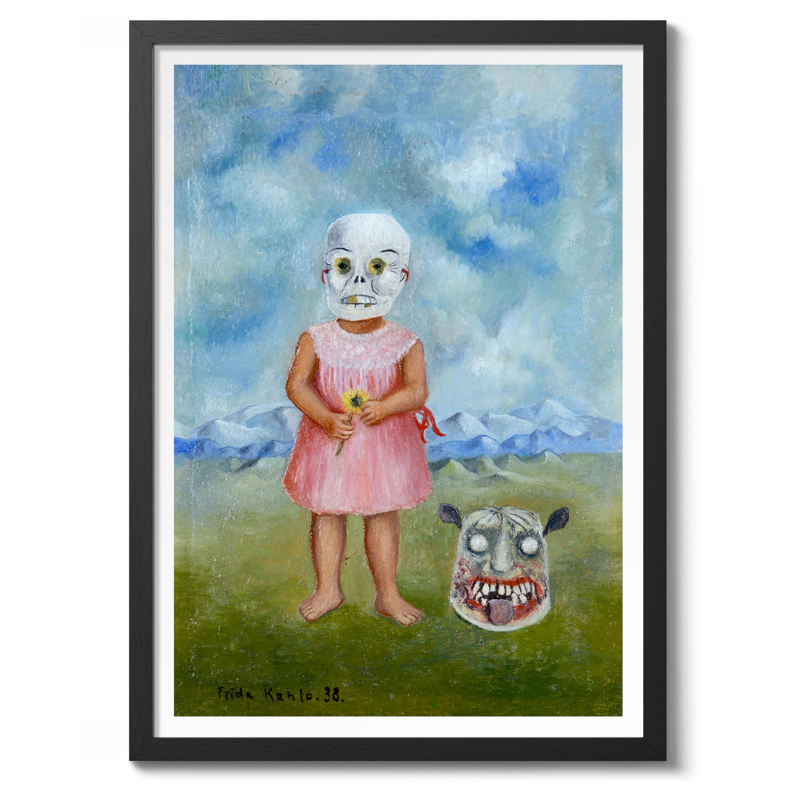 Girl With Death Mask Frida Kahlo Poster, Classic Art Painting Print, Art Exhibition Neutral Wall Art, Vintage Minimalist Home Decor Picture, A4 (Black Frame) - 32.7x24.1cm