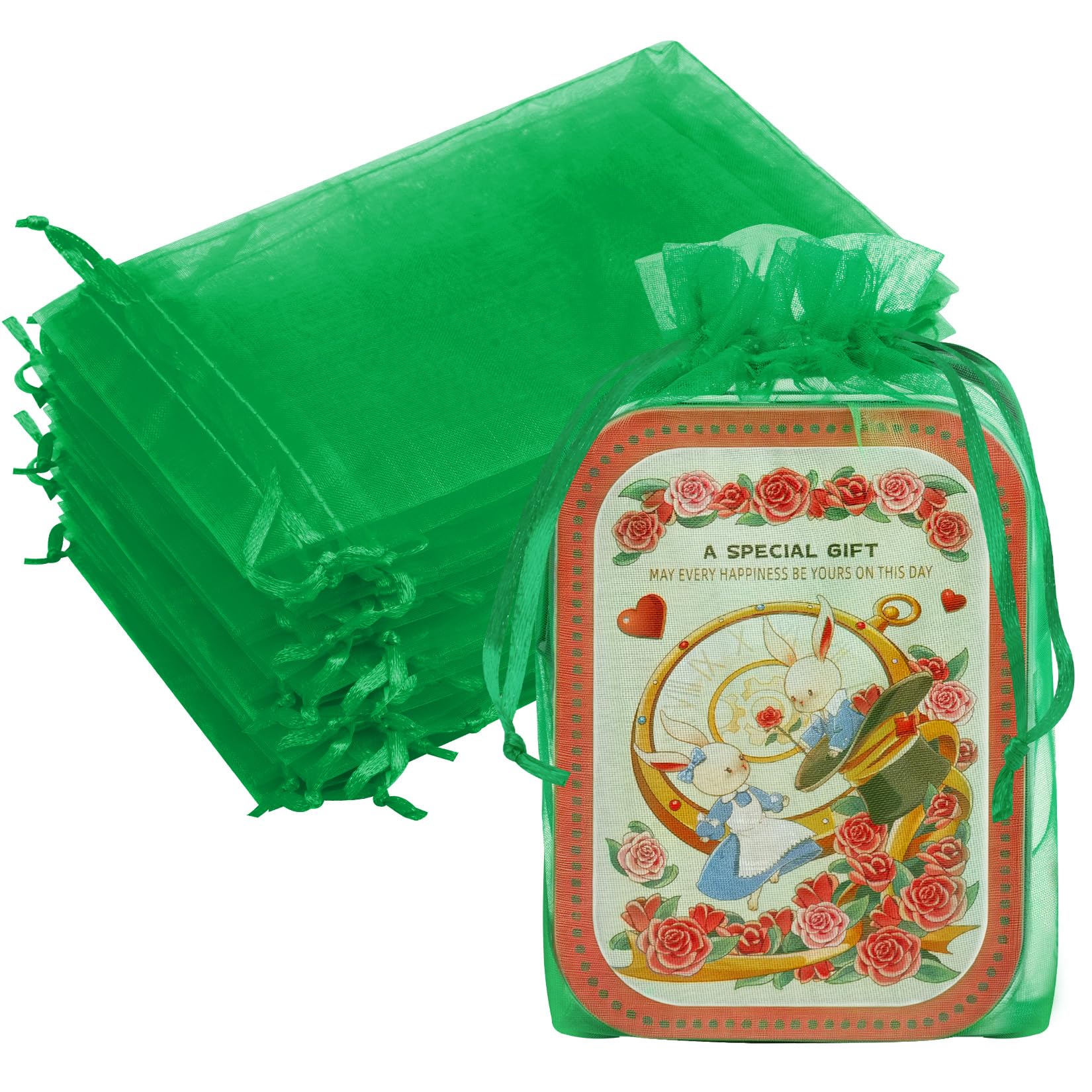 50PCS Organza Bags 6x9 Green Large Mesh Gift Bags Drawstring Pouches for Goodie Candy Jewelry Sachet Treats Favors Wedding Birthday Halloween Christmas Party Favors, Mini Gifts Wrapping