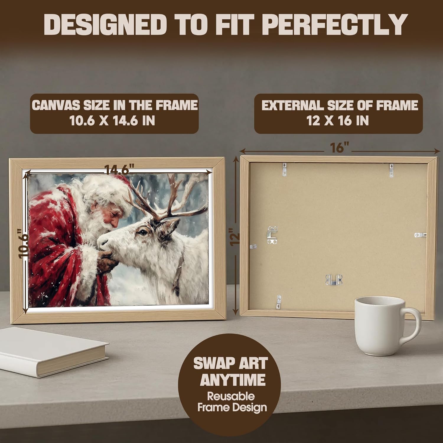 TABINDEX Christmas Framed Wall Art, Vintage Santa Claus Reindeer Canvas Art Print, Winter Painting Framed Santa Claus Pictures for Wall Decor, Snow Scene Artwork for Holiday Bedroom Decor 12x16 Inches