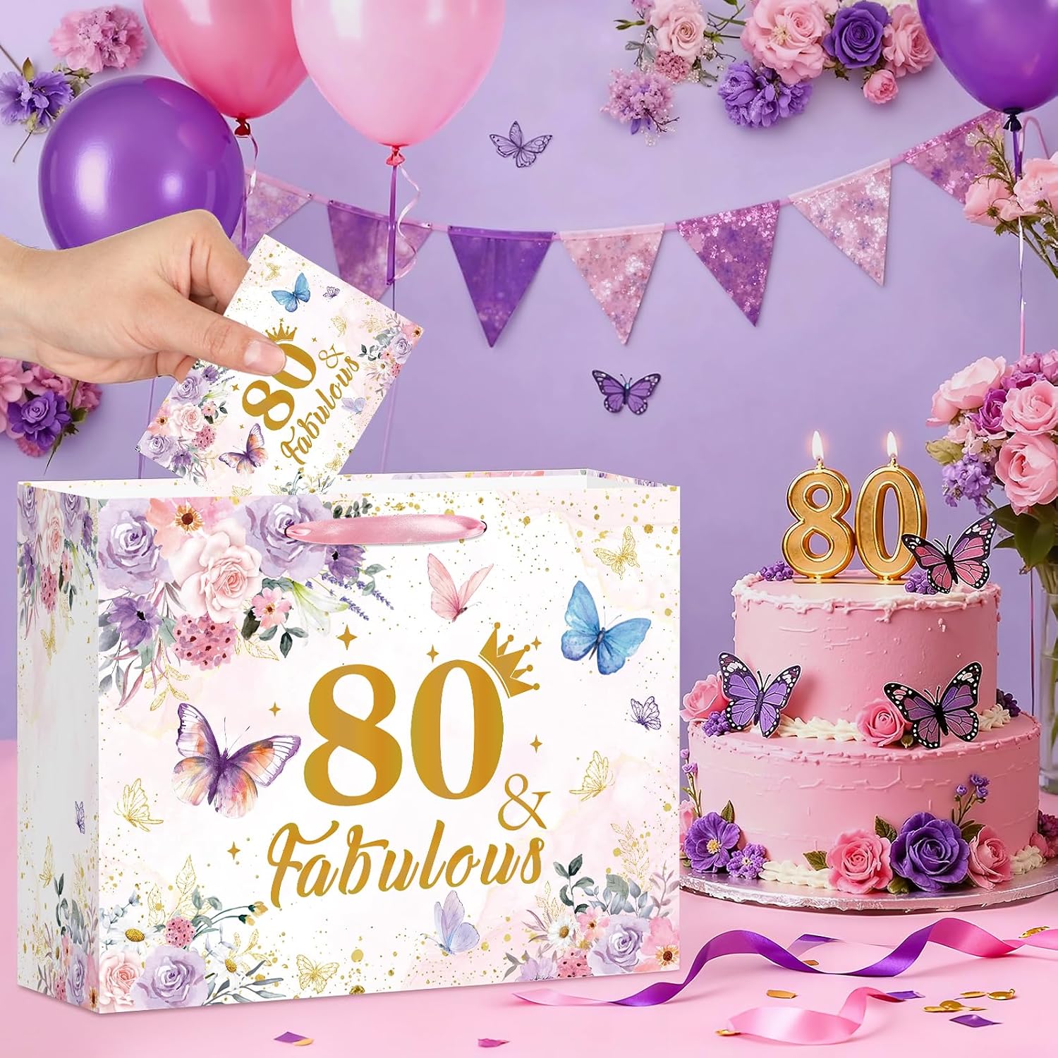 TagreSpike 80th Birthday Gift Bag Floral Butterfly Party Favor Bag with Tissue Paper and Greeting Card Purple 80 & Fabulous Wrapping Paper Bags for Women 80th Birthday Anniversary Party Supplies