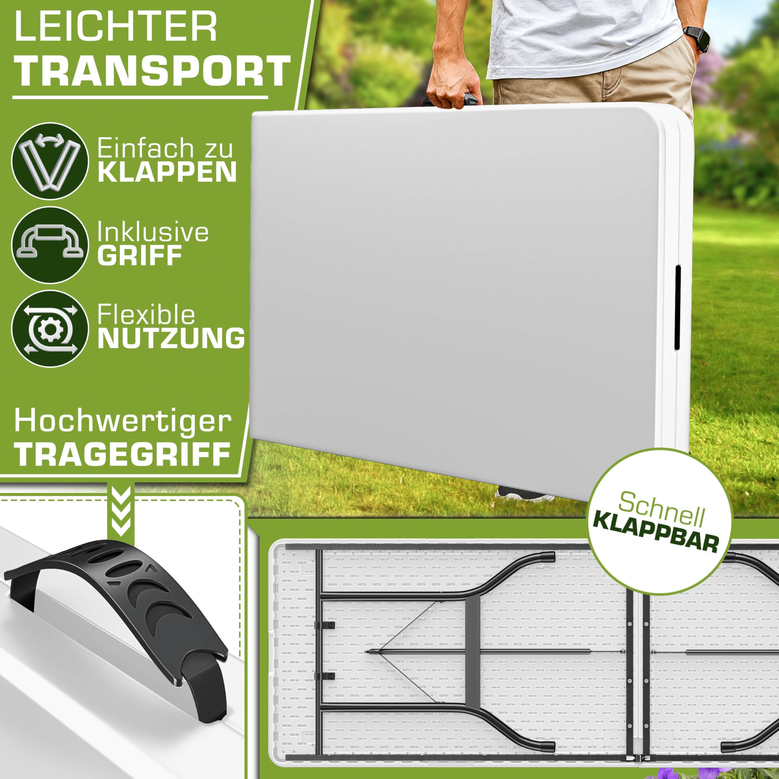 tillvex Gartentisch 180x75cm klappbar Kunststoff | Buffettisch mit Tragegriff | Klapptisch für Garten Terrasse und Balkon | Campingtisch 8 Personen
