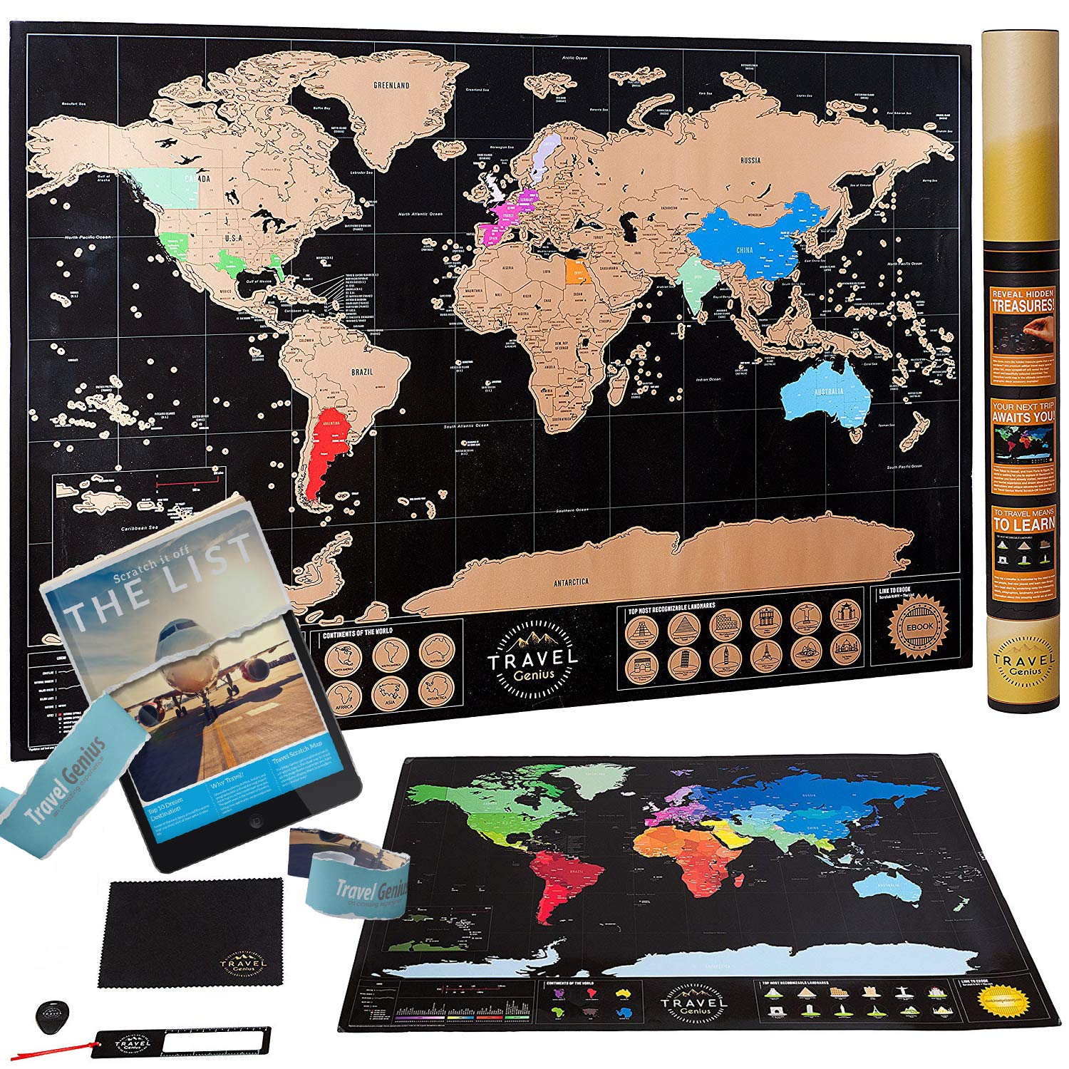 Gold Scratch Off World Map: Foil Scratch Off Travel Maps of the United States / World with Landmass & Landmark Tracker - Scratchable Wall Poster Includes Scratching Tool, Magnifier, Cloth & E-book