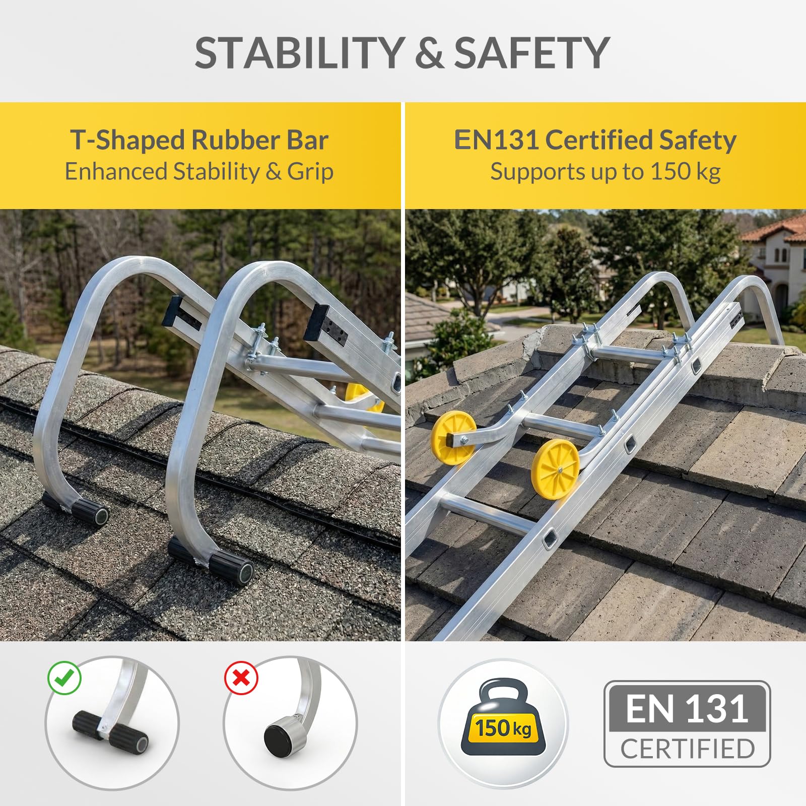 Todeco Crochets de Faîtage pour Échelle Certifiés EN131 – Adaptateur Échelle Toiture Universel avec Roues Protection Tuiles, Aluminium Renforcé 150kg, Compatible Échelles Télescopiques et Coulissantes