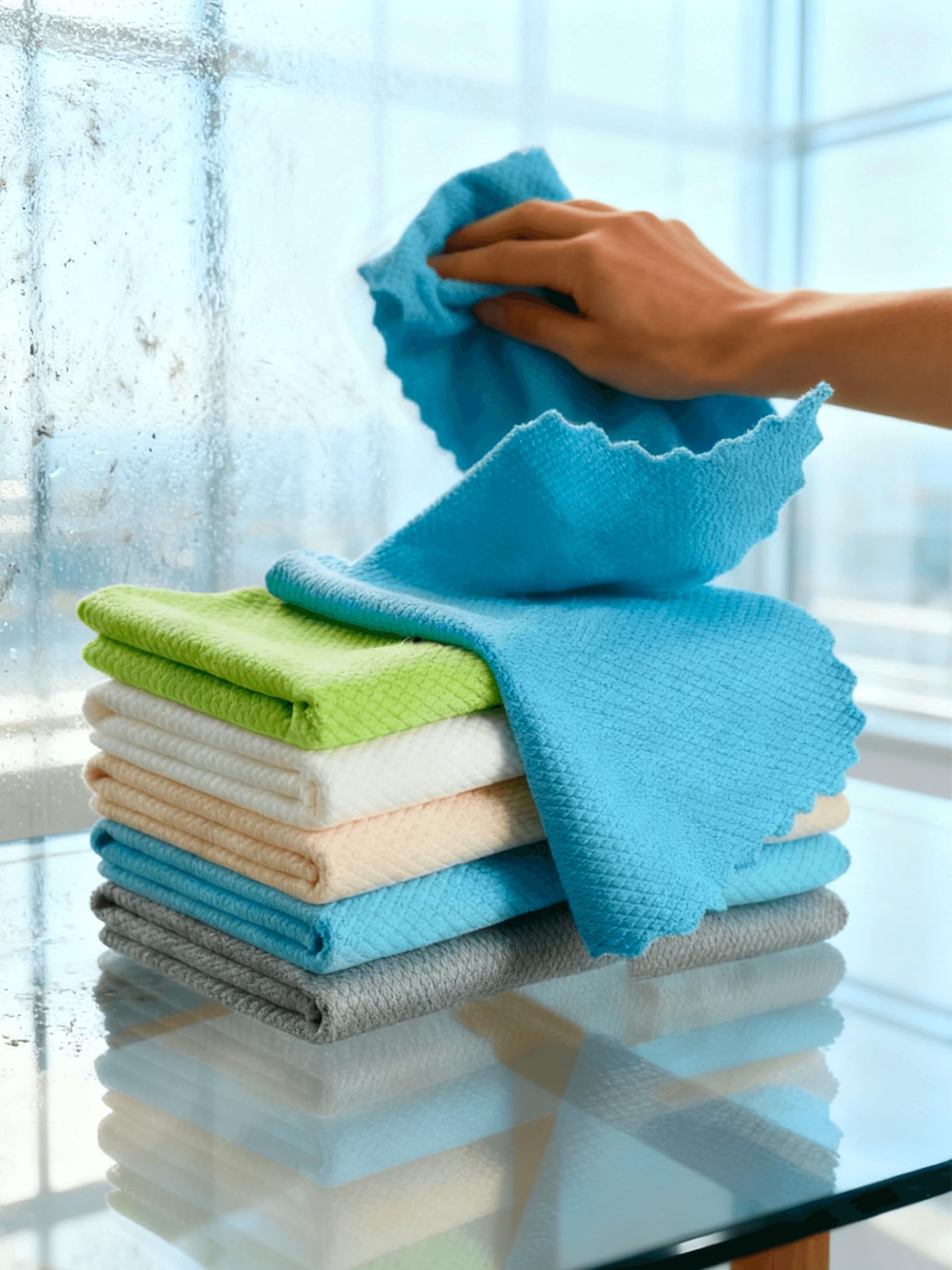 5 Pack Microfiber Cleaning Cloth, 9.84x9.84 Inch Lint Free Reusable Cleaning Cloths for Glass, Windows, Screens and Stainless Steel, 5 Color Options (Blue, Green, White, Champagne, Khaki)