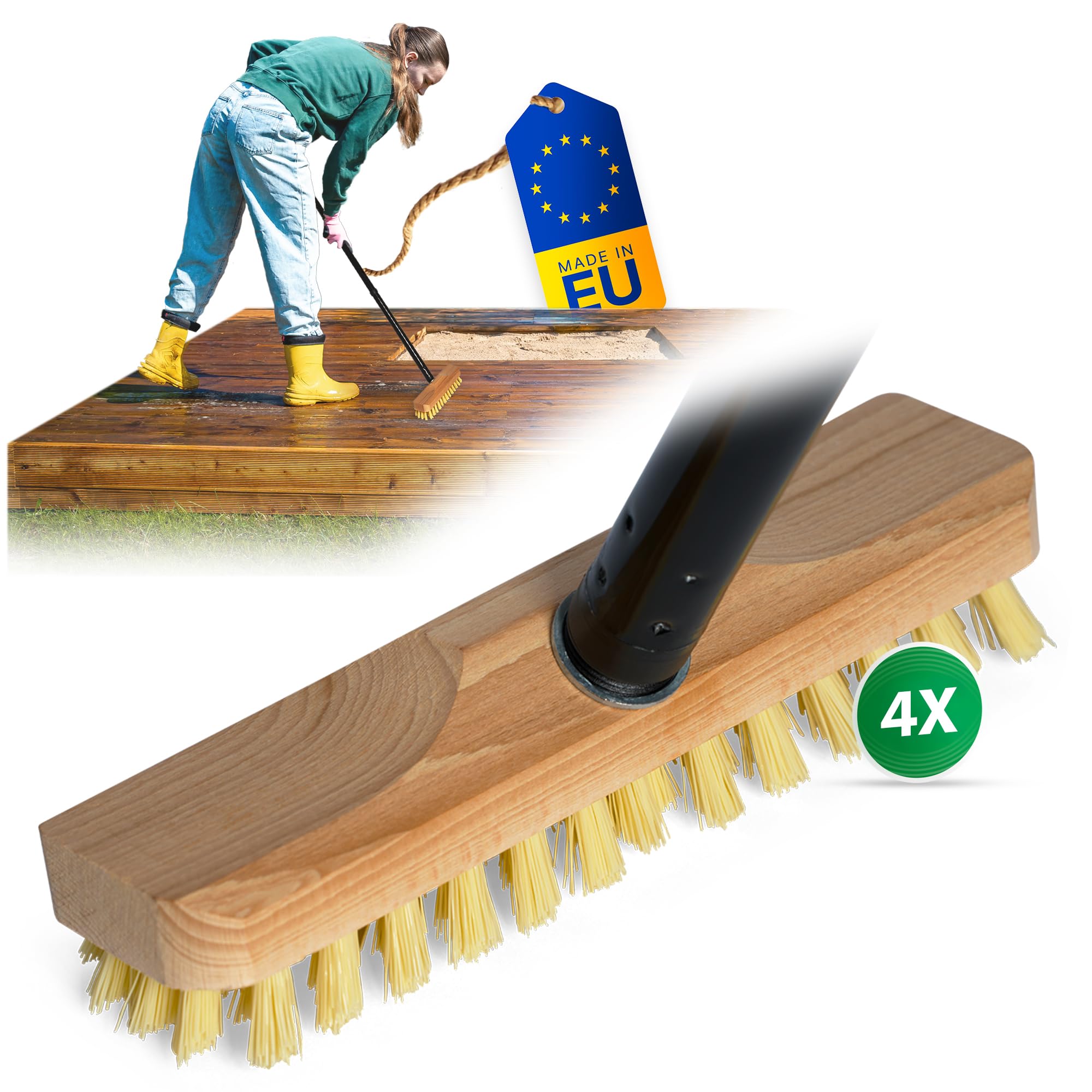 Novaliv 4 cepillos abrasivos de madera con cerdas PPN con prácticos mangos de 4 piezas – Limpiaparabrisas con rosca robustos cepillos de fregado para suelos interiores y exteriores