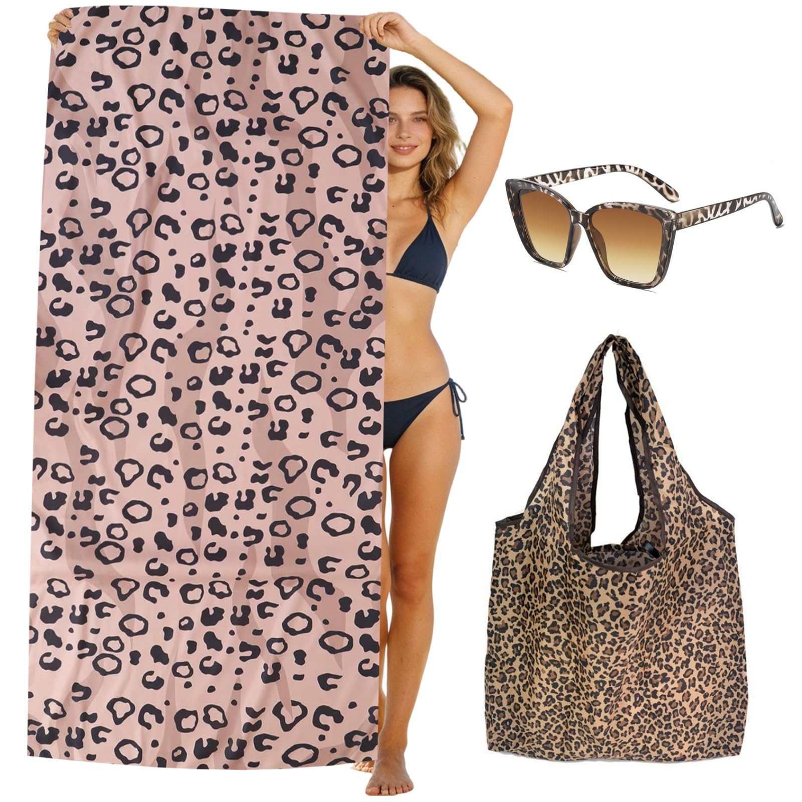 KMFASVX Leopard Beach Towel 3 Pcs Leopard Quick-Dry Towel, Microfibre Lightweight Quick Dry Towel For Swimming Pool Cruise Travel Sports Camping (pink)