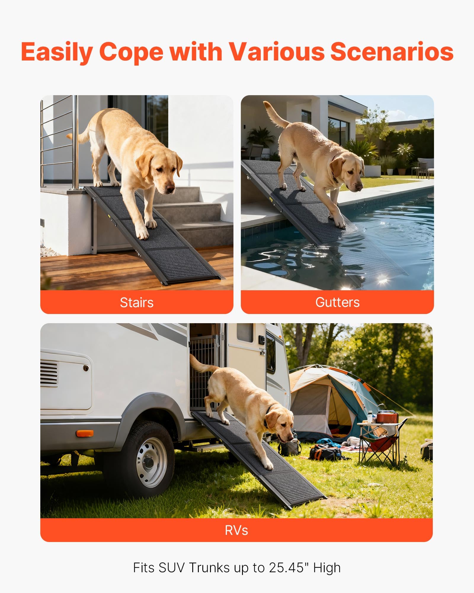 VEVOR Rampa Plegable para Perros para Coches, 180 x 43,2 cm, para Perros Medianos y Grandes de hasta 113 kg, con Superficie de Fieltro Antideslizante, Portátil para Exteriores, SUV y Camiones