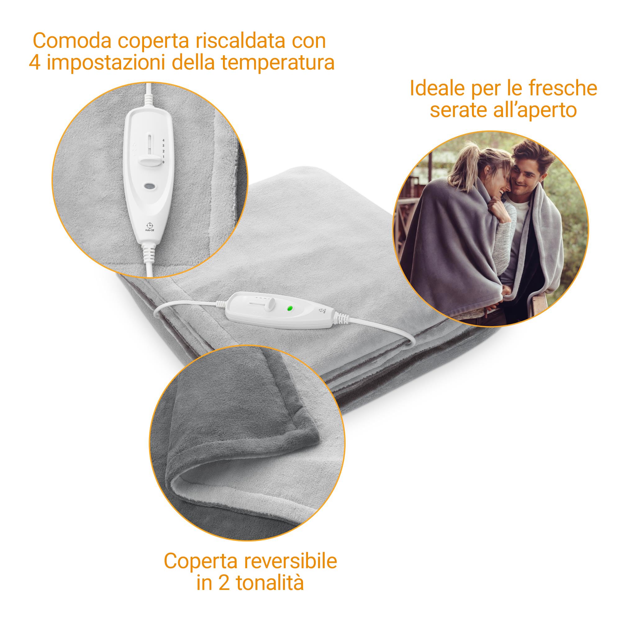 medisana Coperta elettrica HB 675 Cuddly XXL, lavabile, morbida coperta con spegnimento automatico, 4 livelli di temperatura, 200 x 150 cm, look reversibile a 2 colori, grigio/grigio scuro, 1 pezzo