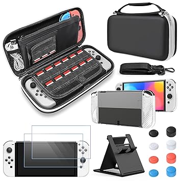 Accessories Bundle Compatible with Nintendo Switch OLED, Carrying Case for Switch OLED 2021 with Tempered Glass Screen Protector, Protective Cover Case, Kickstand & Thumb Grip Caps- Black
