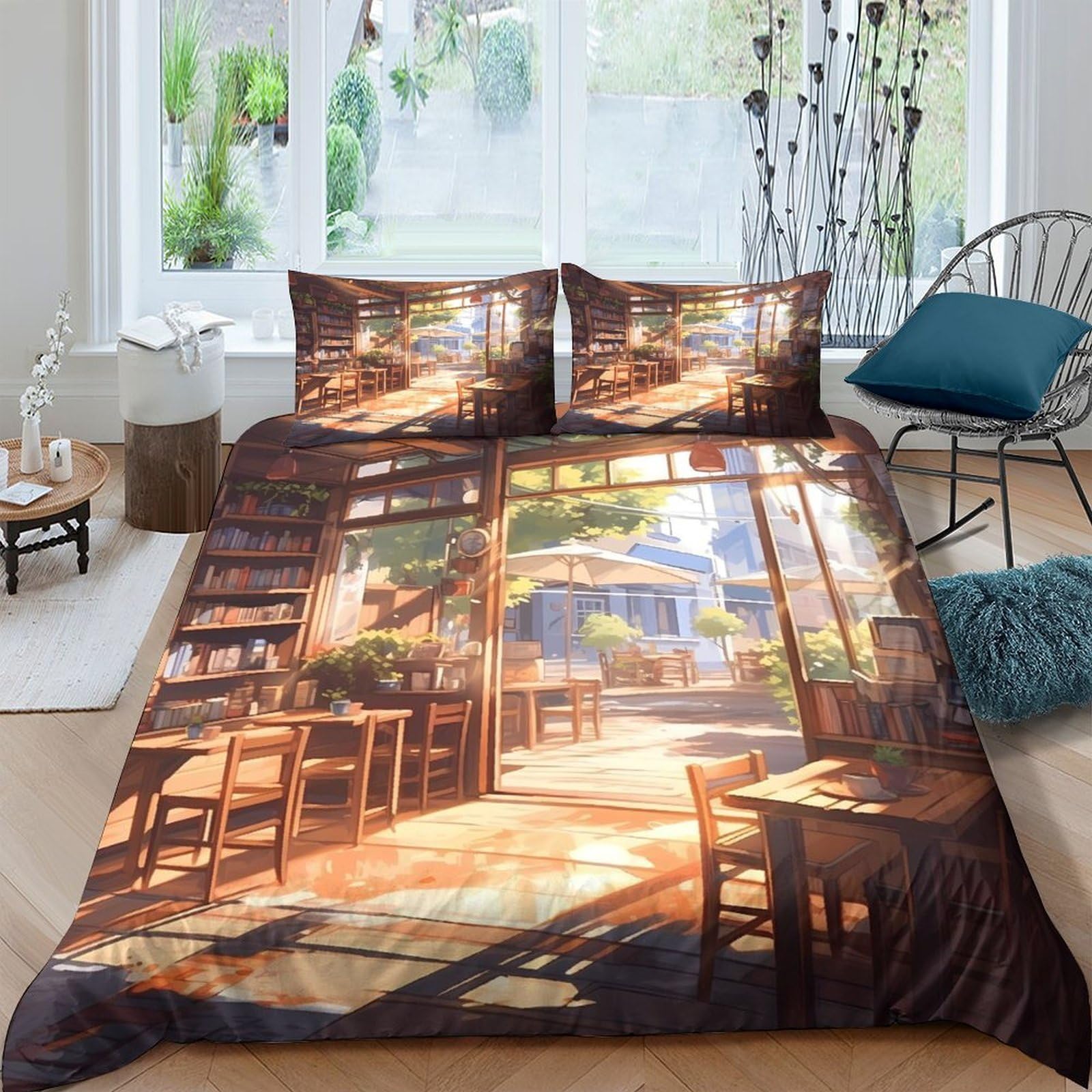 Ctjqhvkz Style-8 3D Printed Sunny Cafe Fitted Sheet Microfiber Soft Artistic Courtyard Bed Cover For Bedroom Dorm Decor Mattress Protection Single（135X200cm）