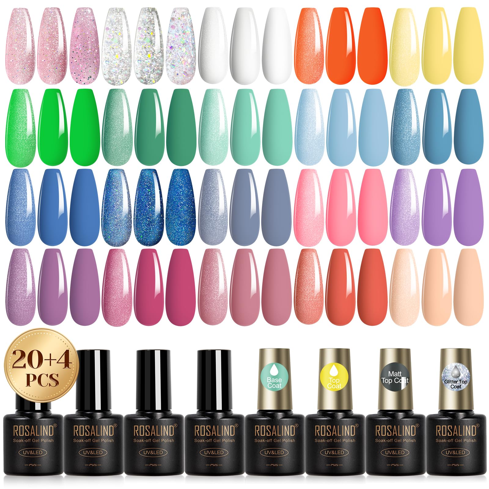 ROSALIND 24PCS Gel Nail Polish Set 20 Colors Pink Blued Gel Polish with Base Coat Glossy & Matte Top Coat and Glitter Top Coat Gifts for Her DIY at Home Set
