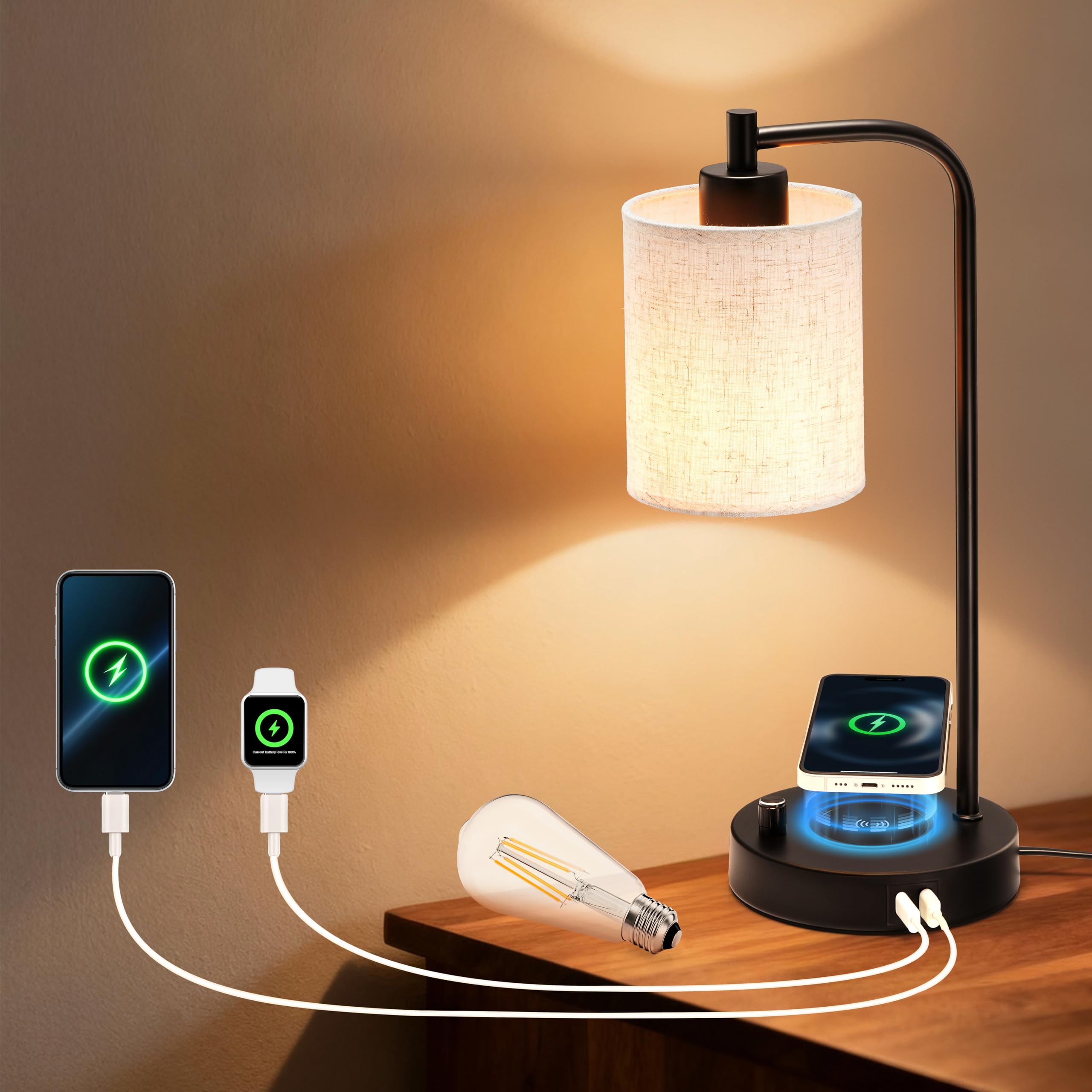 Lampada da Comodino LED con Caricabatterie Wireless e Porte di Ricarica USB A+C, Luminosità Regolabile, Luce Notturna Bambini, Abat Jour Comodino, Camera da letto, Lampada da Scrivania, Lampada Tavolo