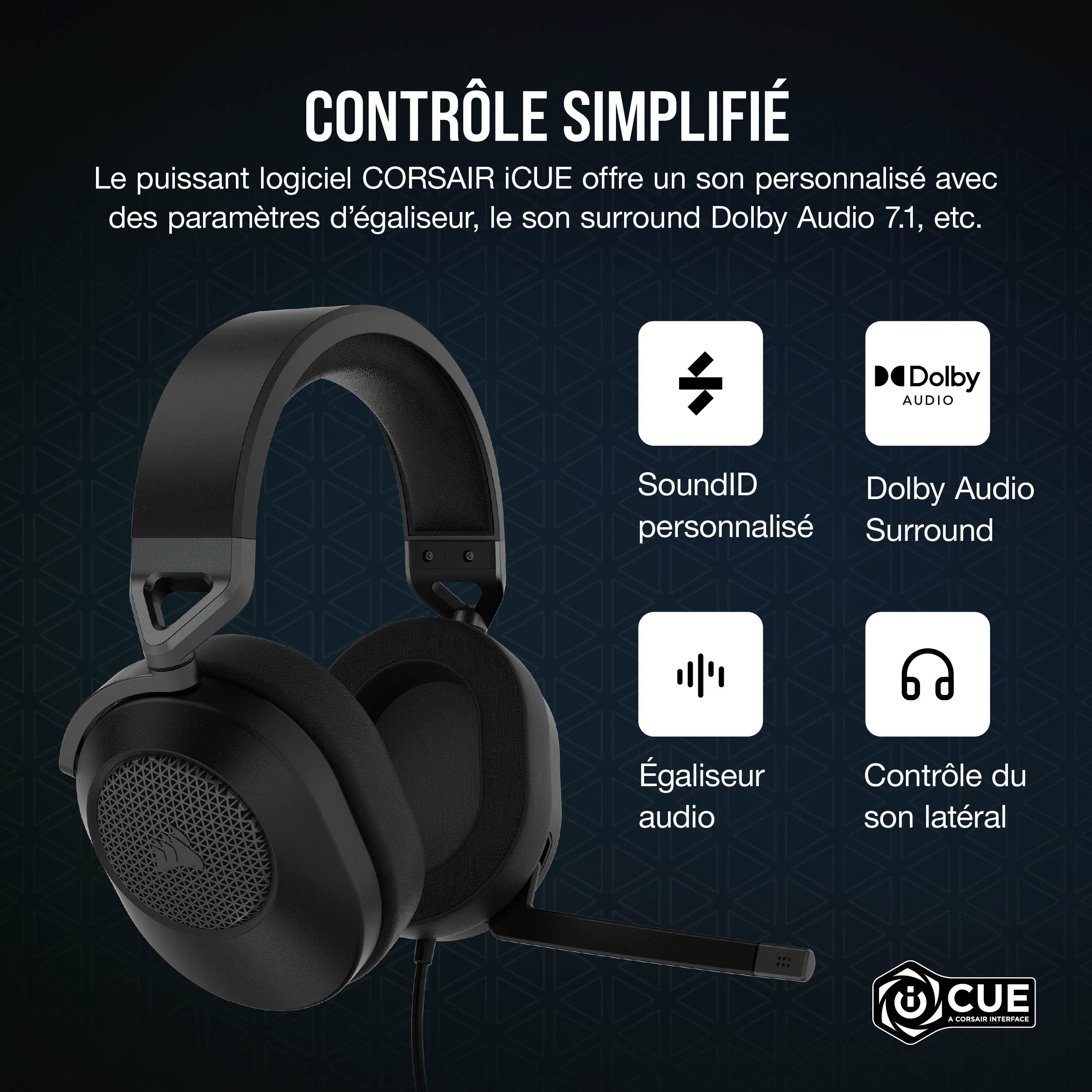 Corsair HS65 Surround Casque de Jeu Filaire Multiplateforme Léger – Carbone