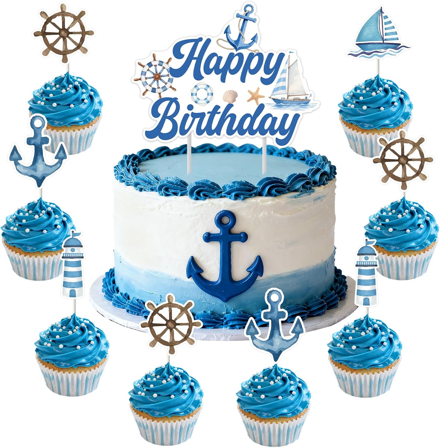 Nautical Birthday Cake Topper Cupcake Topper 25pcs Nautical Birthday Party Decorations Sailing Into One Little Captain Ocean Sailor Boat Anchor Lighthouse Cake Decor for Ahoy Boy 1st 2nd Bday