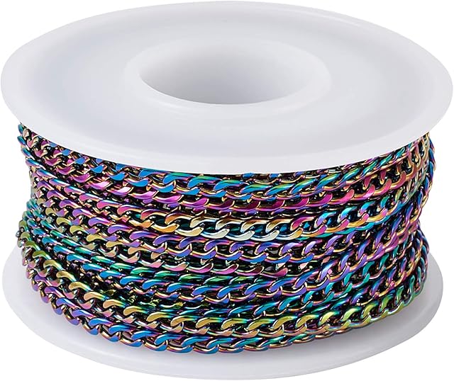 PandaHall 16FT/Roll 304 Stainless Steel Curb Chains Unwelded Colorful Twist Links with Spool for Jewellery Crafts Making,4.5x3x1mm