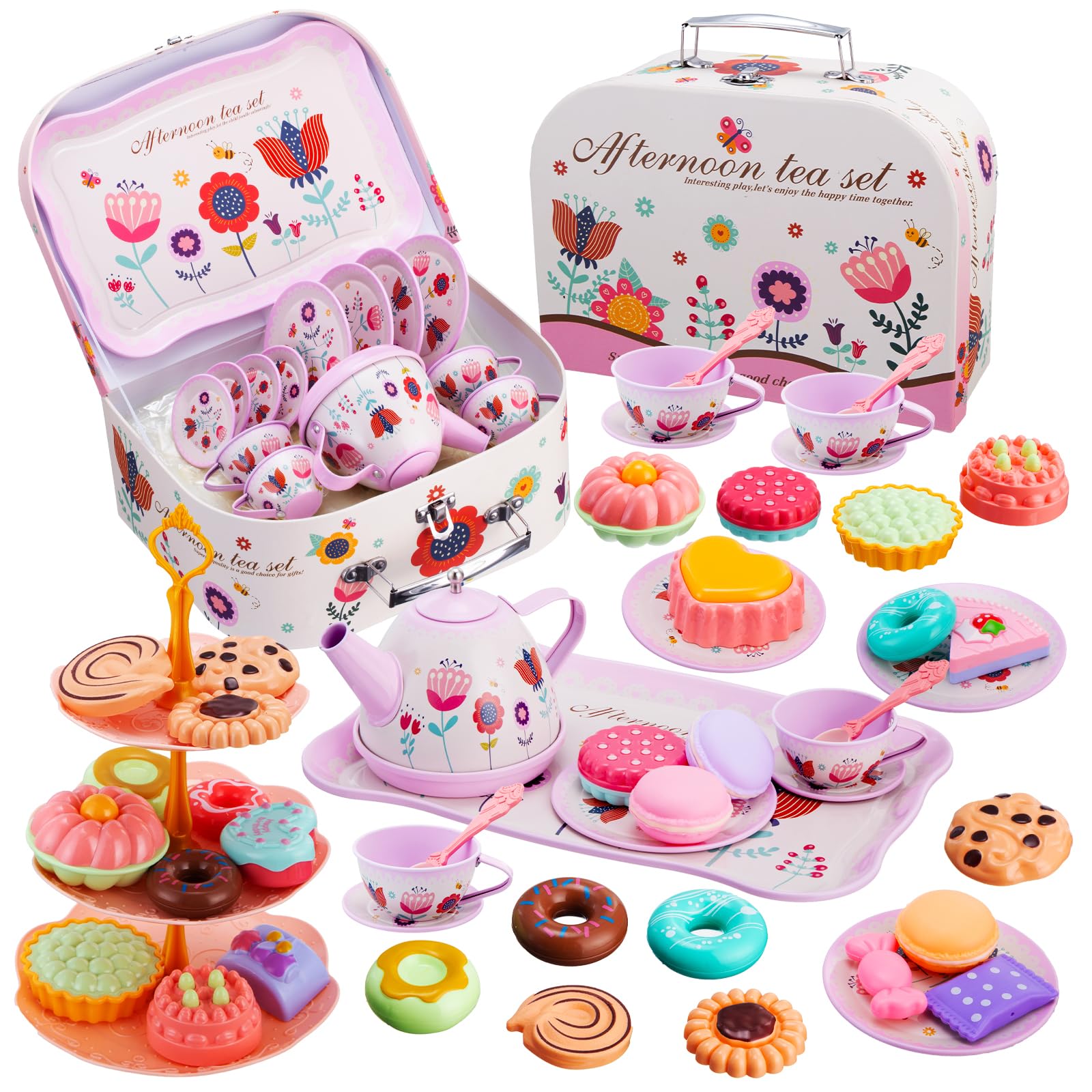 46PCS Tea Party Set Toys for Little Girls, Princess Tea Time Pretend Kitchen Toys with Desserts, Cookies, Doughnut, Teapot Tray, Cake, Carrying Case Toys for 3+ Year Old Girls
