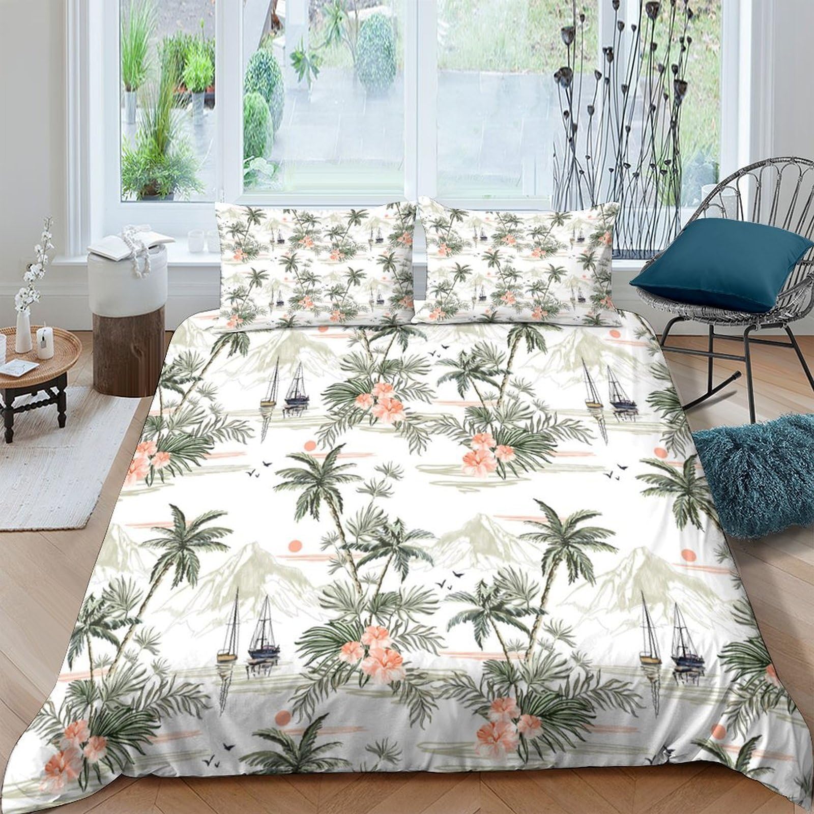 Ctjqhvkz Style-4 3D Printed Tropical Palm Fitted Sheet Microfiber Soft Breathable Hibiscus Bed Cover Adult Teen Bedroom Decor Single（135X200cm）