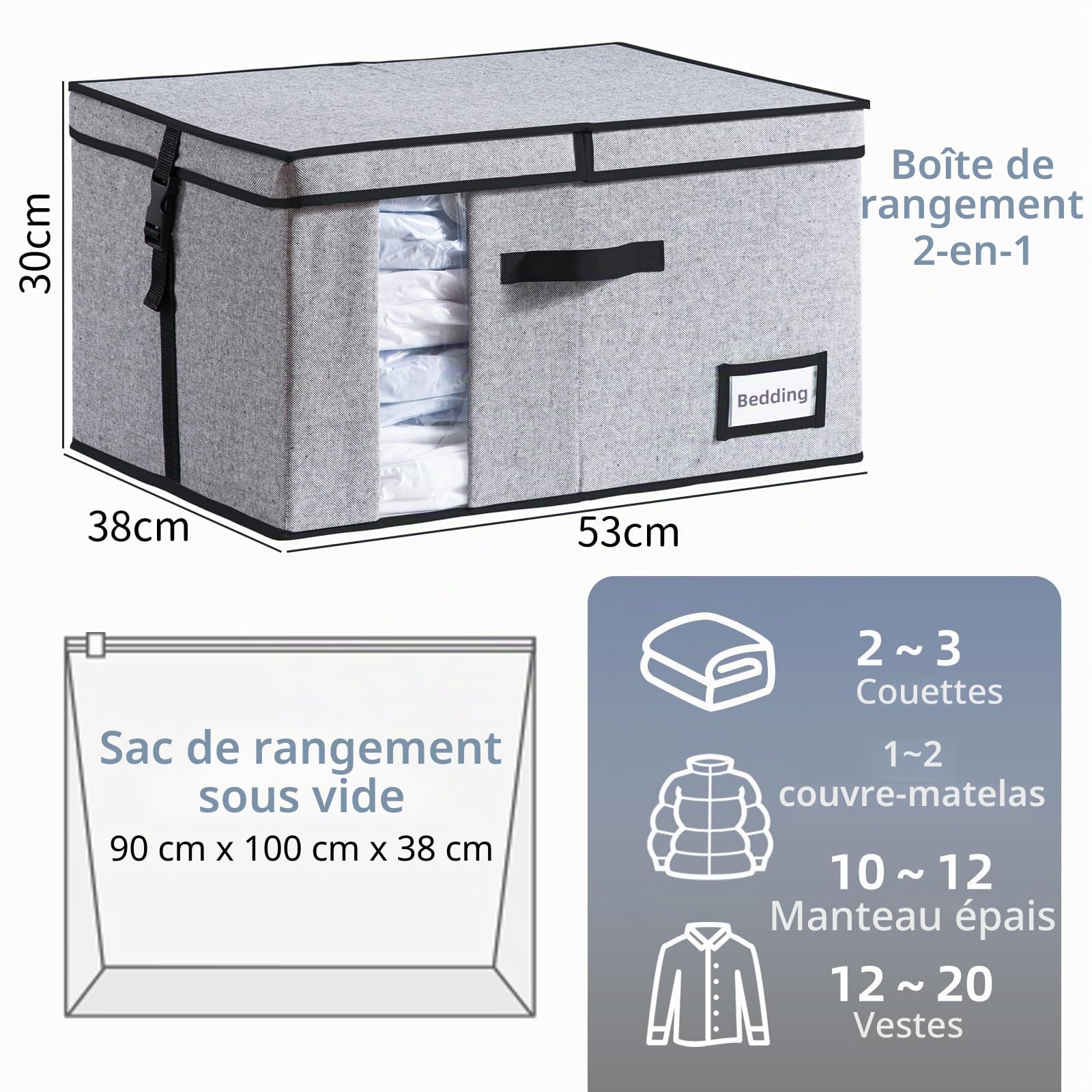 TAILI Sac de Rangement Sous Vide avec Boîte(1 Boîte + 1 Sac) - 2 en 1-53 x 38 x 30 cm Housse Pour couettes, vêtements, linge de lit - Pliable sous le lit - Économisez 80% d'espace