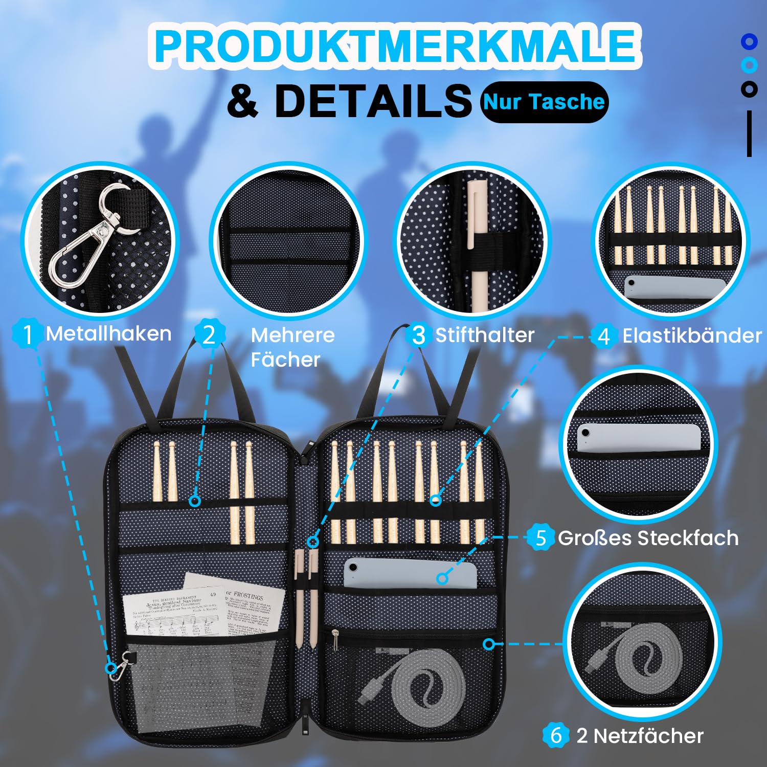 Drumsticktasche mit Aufhängehaken, Drumstick-Bag mit verstellbarem Schultergurt, Schlägelhalter für Drumsticks, Besen und Notenblätter, für Drummer und Anfänger bei Gig, Übung und Probe, nur Tasche