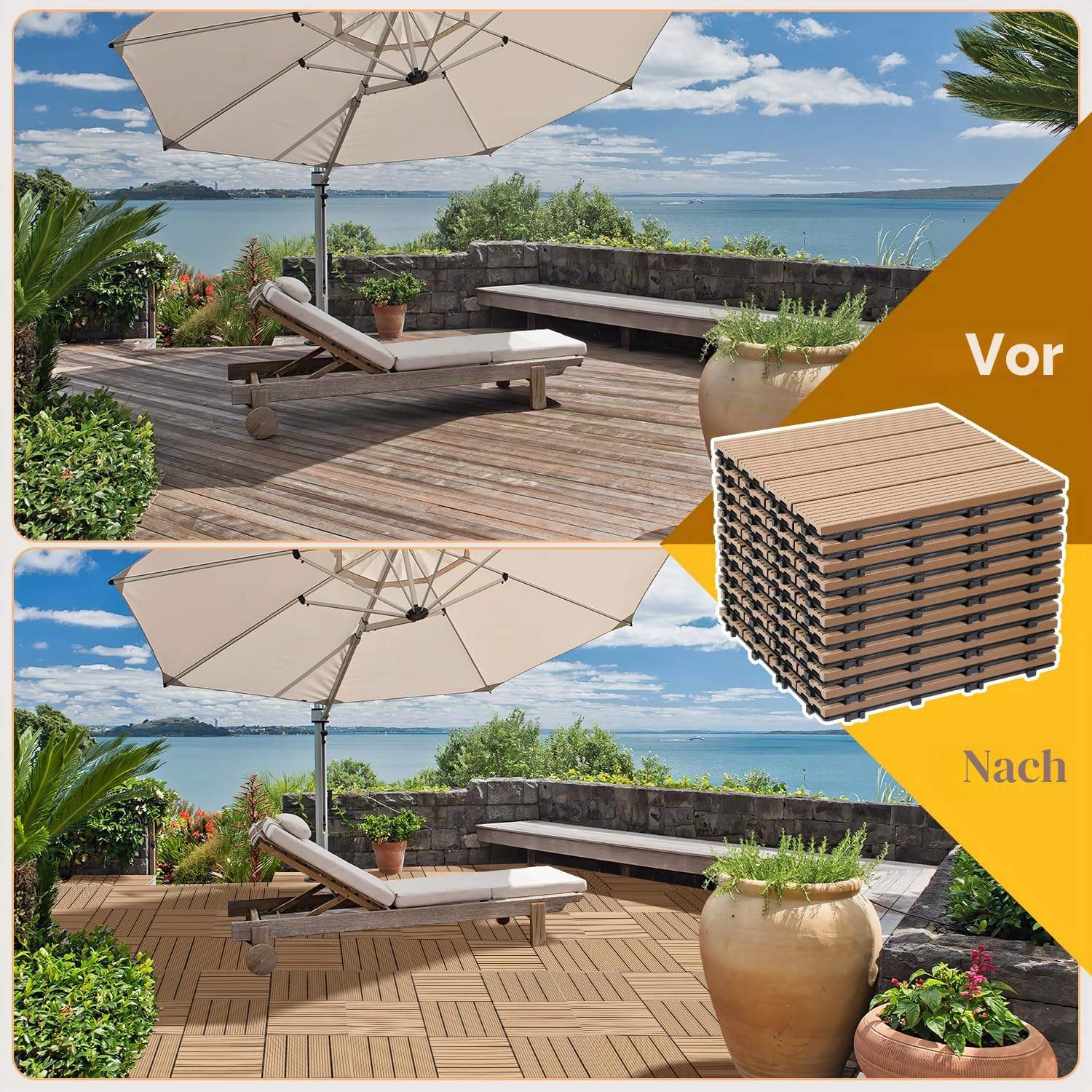 Gimisgu WPC Terrassenfliesen, 30x30cm WPC Fliesen 33er Set für 3 m² Balkonfliesen Klickfliesen mit Klick-System, Bodenbelag für Balkon Terrasse, Wetterfest mit Drainage, Teak
