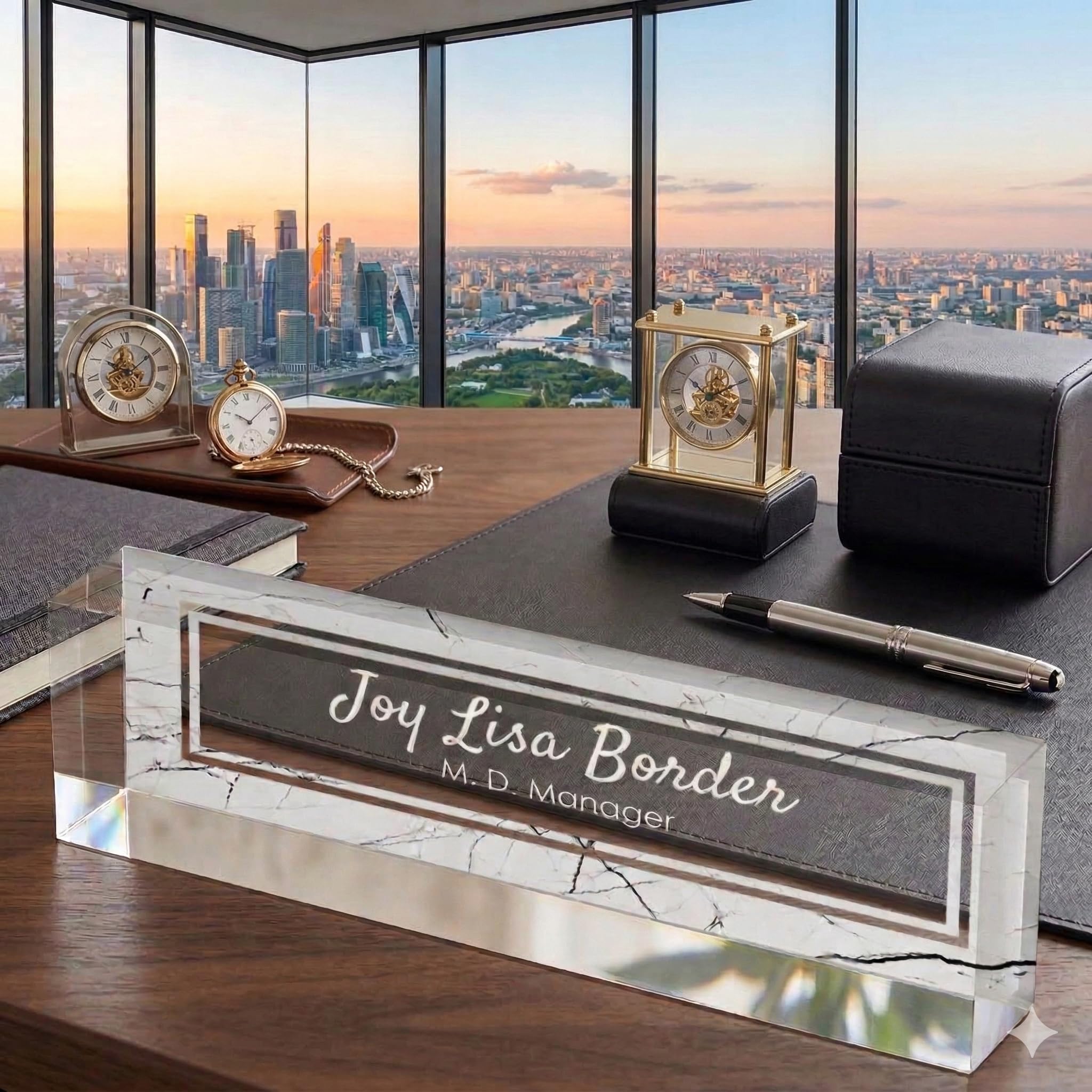 Personalised Office Desk Name Plate Custom Modern Plaque Sign Clear Glass Effect White Acrylic Base Work Home Gift for Loved Ones