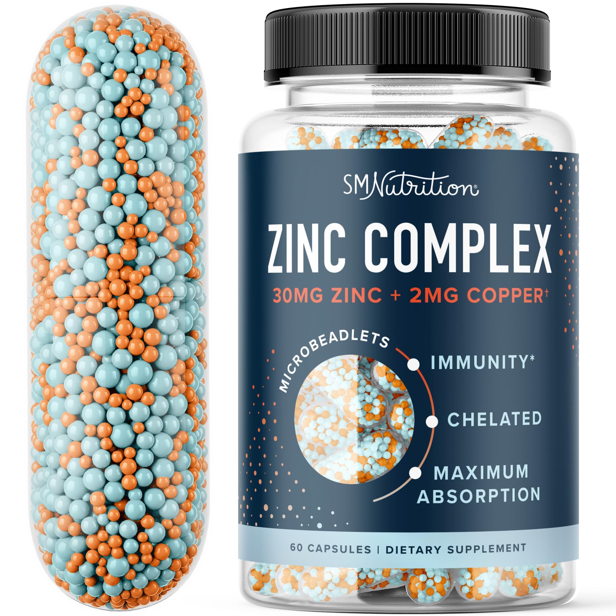 Zinc Supplement Microbeadlets for Immune & Acne Support | Highly Absorbable Zinc Bisglycinate & Orotate with 2mg Chelated Copper + Vitamin B6 | Vegan, Gluten-Free | 30mg Zinc Balance | 60 Capsules