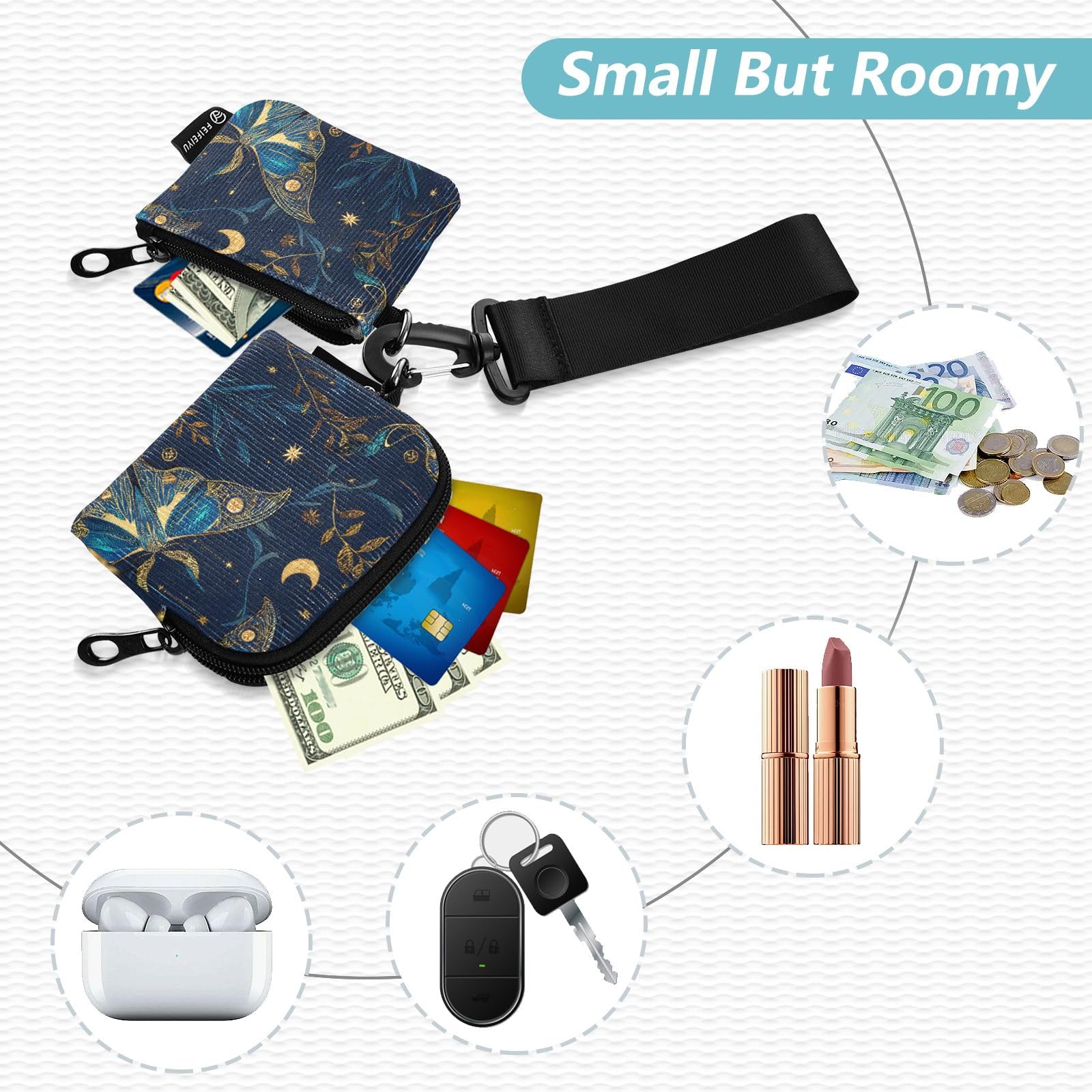 Blue Moth Pattern Mini Zip Around Wristlet Wallets with Detachable Women Dual Pouch
