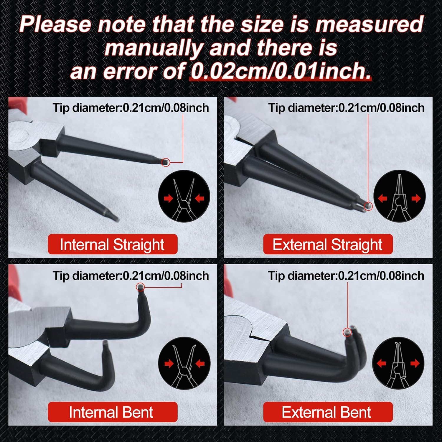4 Pcs Snap Ring Pliers Set 9-inch Internal External Circlip Pliers Kit Straight and Bent Jaw Lock Ring Pliers, Tip Diameter 0.08" C-Clip Plier for Ring Remover Retaining, with Storage Pouch