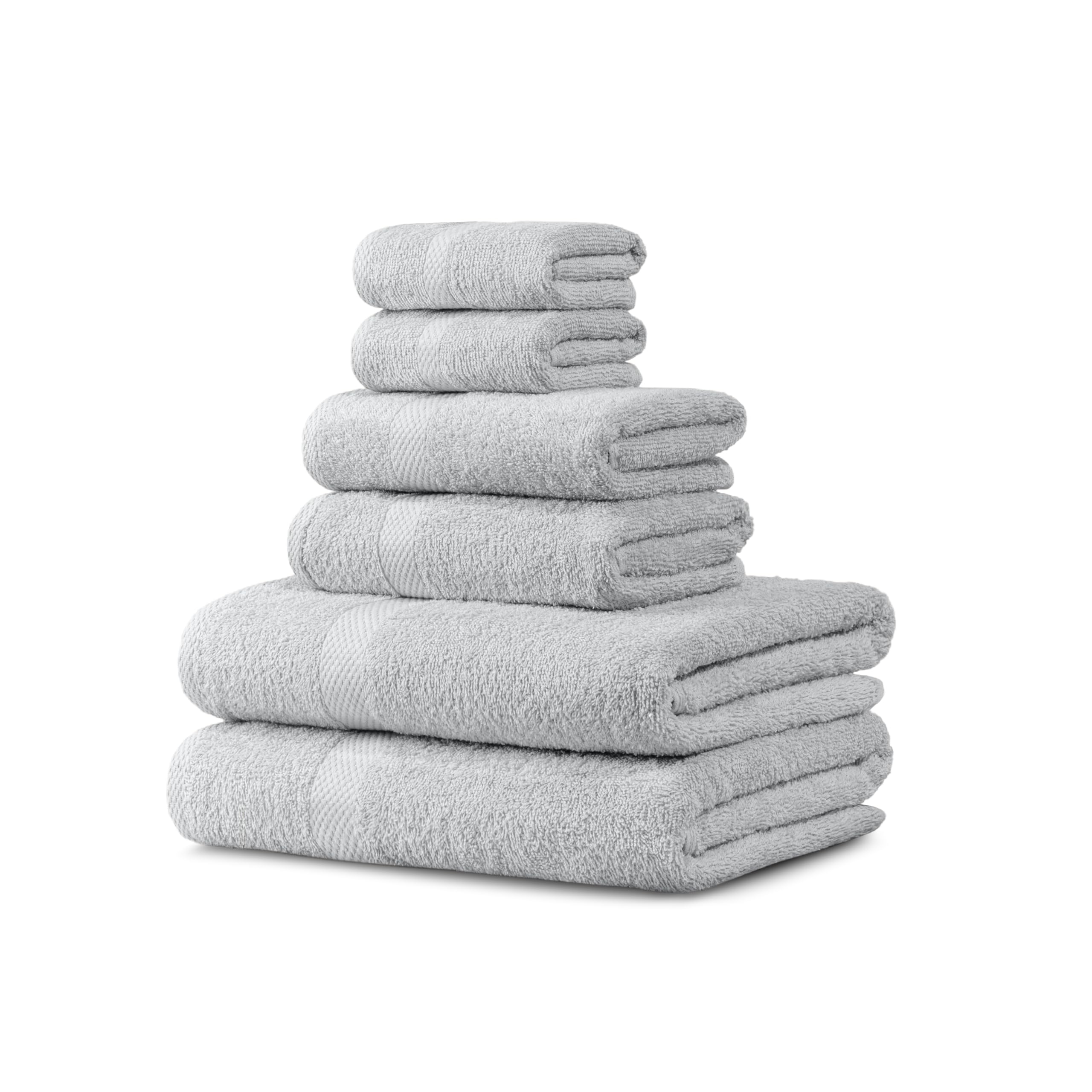 100% Combed Cotton Bathroom Towel Set of 6- 2 Bath Towels, 2 Hand Towels, 2 Wash Cloths, Sustainable, Soft, Highly Absorbent 6 Piece Cotton Bath Towel Set Ideal for Hotels, Spa, Bathroom, Dorm, Silver