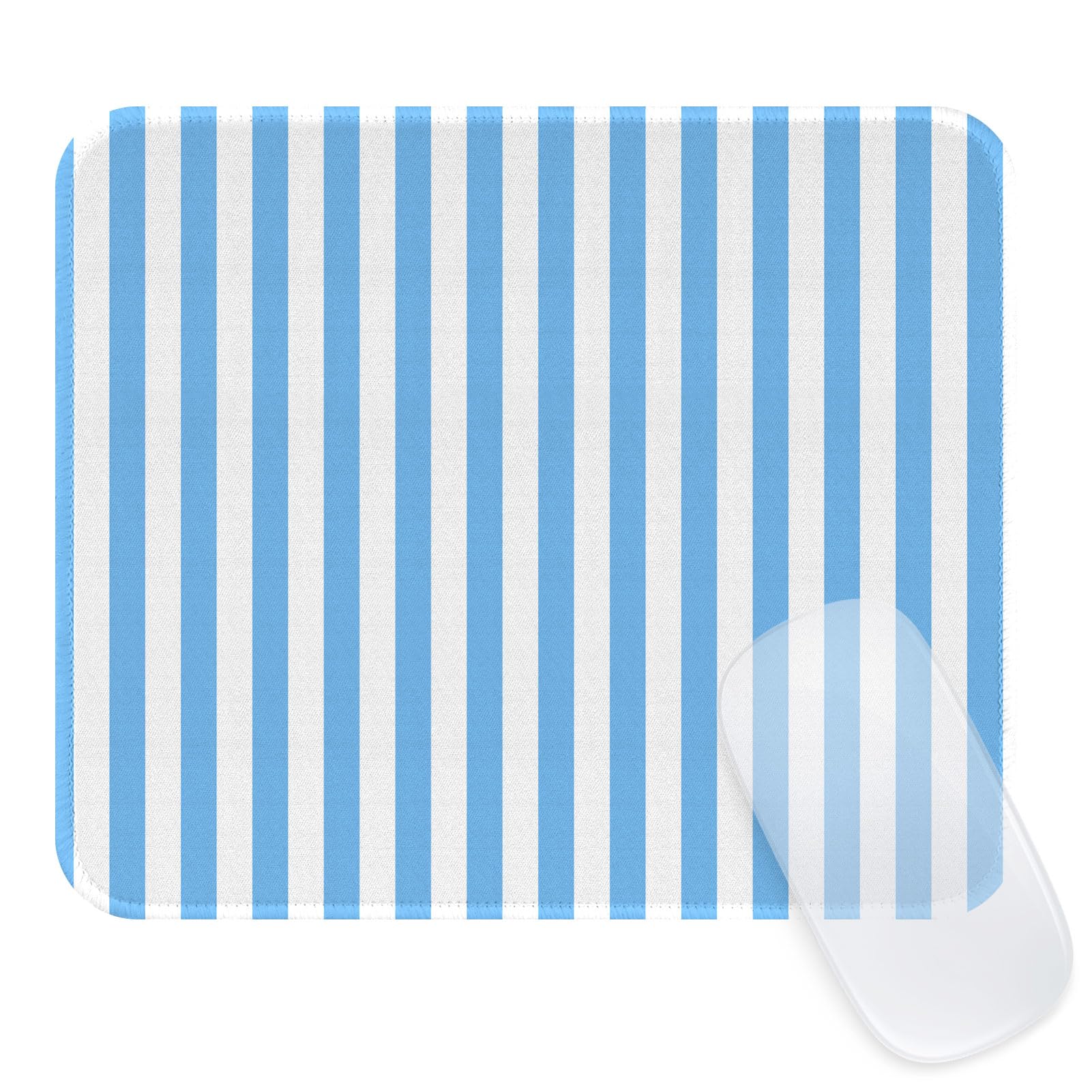 Square Cute Striped Mouse Pad with Stitched Edge, Premium Waterproof Cloth Aesthetic Small Mouse Mat, Non-Slip Rubber Base Simple Funny Mousepad Desk Accessories,Blue and White