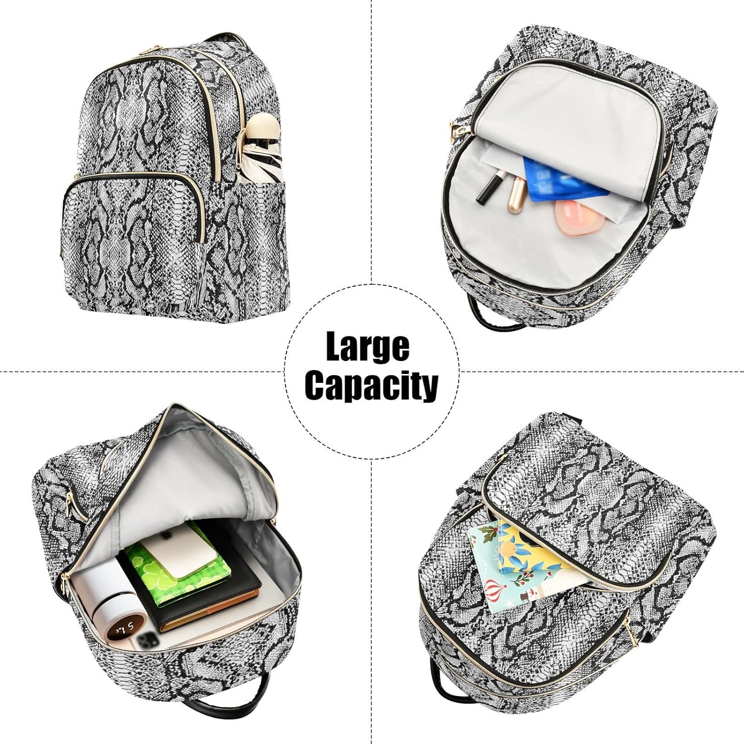 Snake Skin White Backpack Purse for Women Girls Small Fashion Mini Laptop Back Pack Purse with Zipper for College Travel S