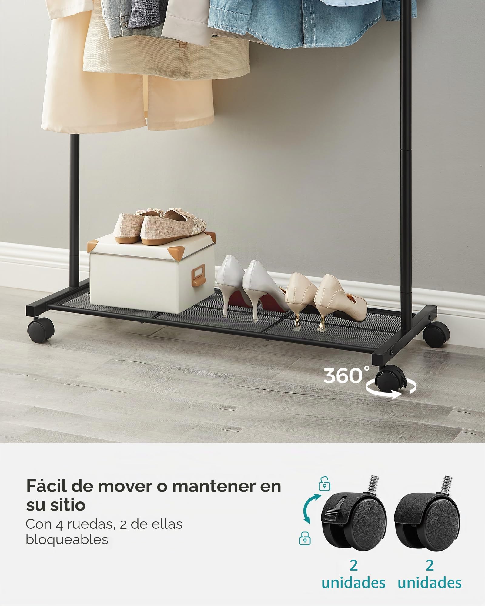 SONGMICS Perchero con ruedas, perchero para colgar ropa, 25,4 mm de grosor con estante de almacenamiento de malla densa, capacidad de carga de 110 libras, 2 frenos, marco de acero, negro UHSR25BK