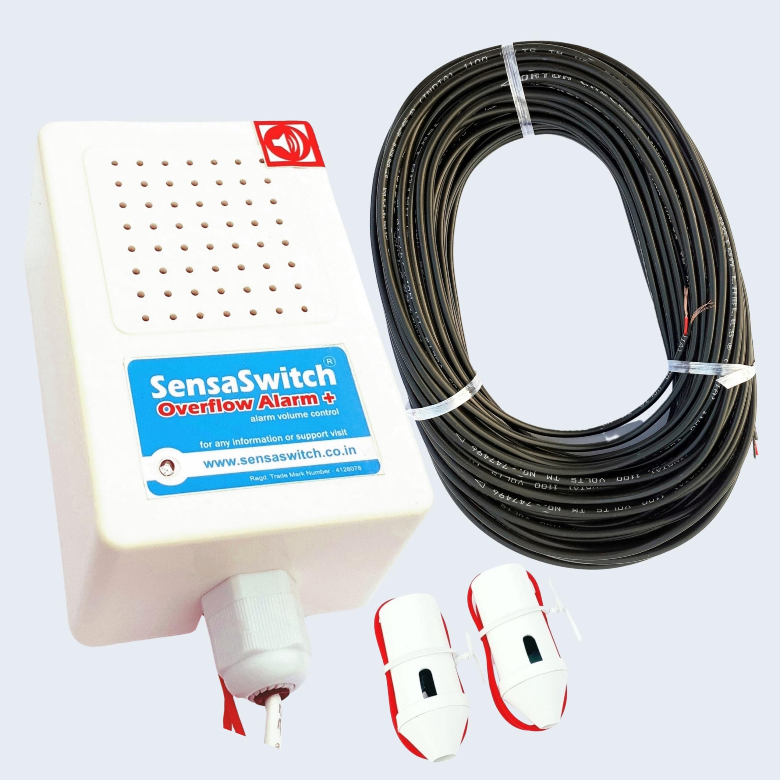 SensaSwitch Water Tank Overflow Alarm Bell Model-OAP (Musical Sound, Adjustable Volume), Water Sensor with Signal Wire Roll (90 Feet), Package Code - OAP-SW-Combo