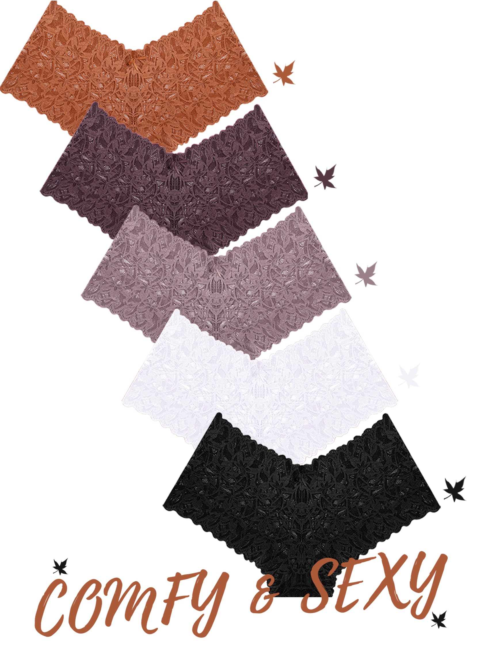 ALL OF SHE Sexy Underwear Panties for Women Cheeky V Waist Lace Boyshorts Lingerie Plus Size Underwear Gift Wife Women 5 Pack: 5 Pack-black*1 White*1 Mocca Grey*1 Brick Yellow*1khaki*1 Small